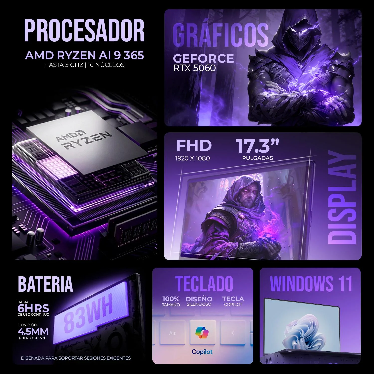 Laptop Gamer AI PC HP Omen Nvidia GeForce RTX 5060 8GB Ryzen AI 9 365 NPU Motor de IA Dedicado 50 TOPS 32GB DDR5 1TB SSD 17.3" IPS FHD 144Hz Teclado Ingles W11H Copilot+PC Gaming de Nueva Generacion - Image 2