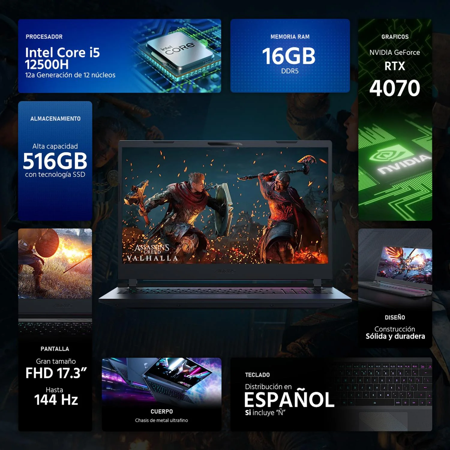 Laptop Gamer AORUS 17 NVIDIA GeForce RTX 4070 Intel Core i5 12500H 16GB RAM 512GB SSD 17.3" Windows 11 Home Teclado en Español - Image 2