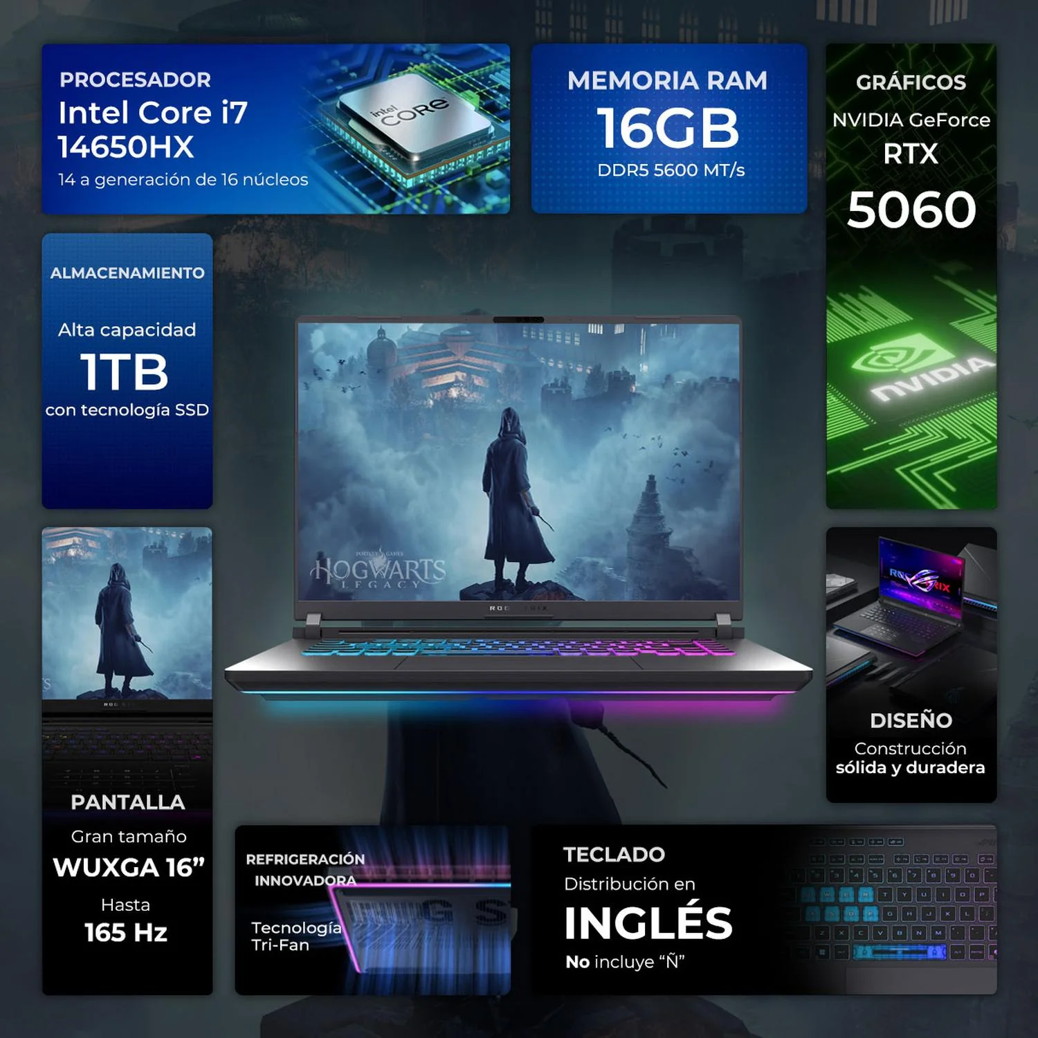 Laptop Gamer ASUS ROG Strix G16 NVIDIA GeForce RTX 5060 Intel Core i7 14650HX 16GB DDR5 SSD 1TB 16" WUXGA 165Hz Teclado Ingles Gaming Competitivo y Diseño - Image 2