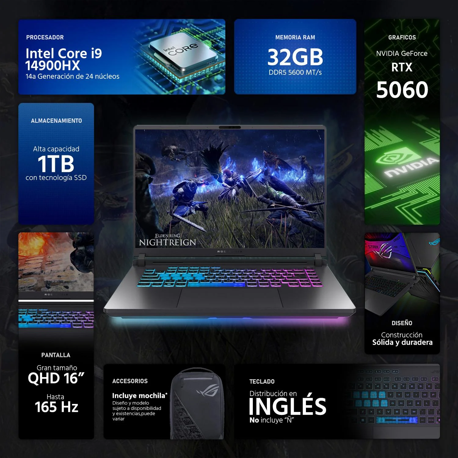 Laptop Gamer ASUS ROG Strix G16 NVIDIA GeForce RTX 5060 Intel Core i9 14900HX 32GB RAM 1TB SSD 16" Windows 11 Home Teclado en Ingles + Mochila - Image 2