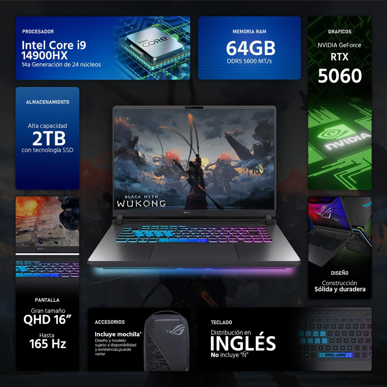 Laptop Gamer ASUS ROG Strix G16 NVIDIA GeForce RTX 5060 Intel Core i9 14900HX 64GB RAM 2TB SSD 16" Windows 11 Home Teclado en Ingles + Mochila - Image 2