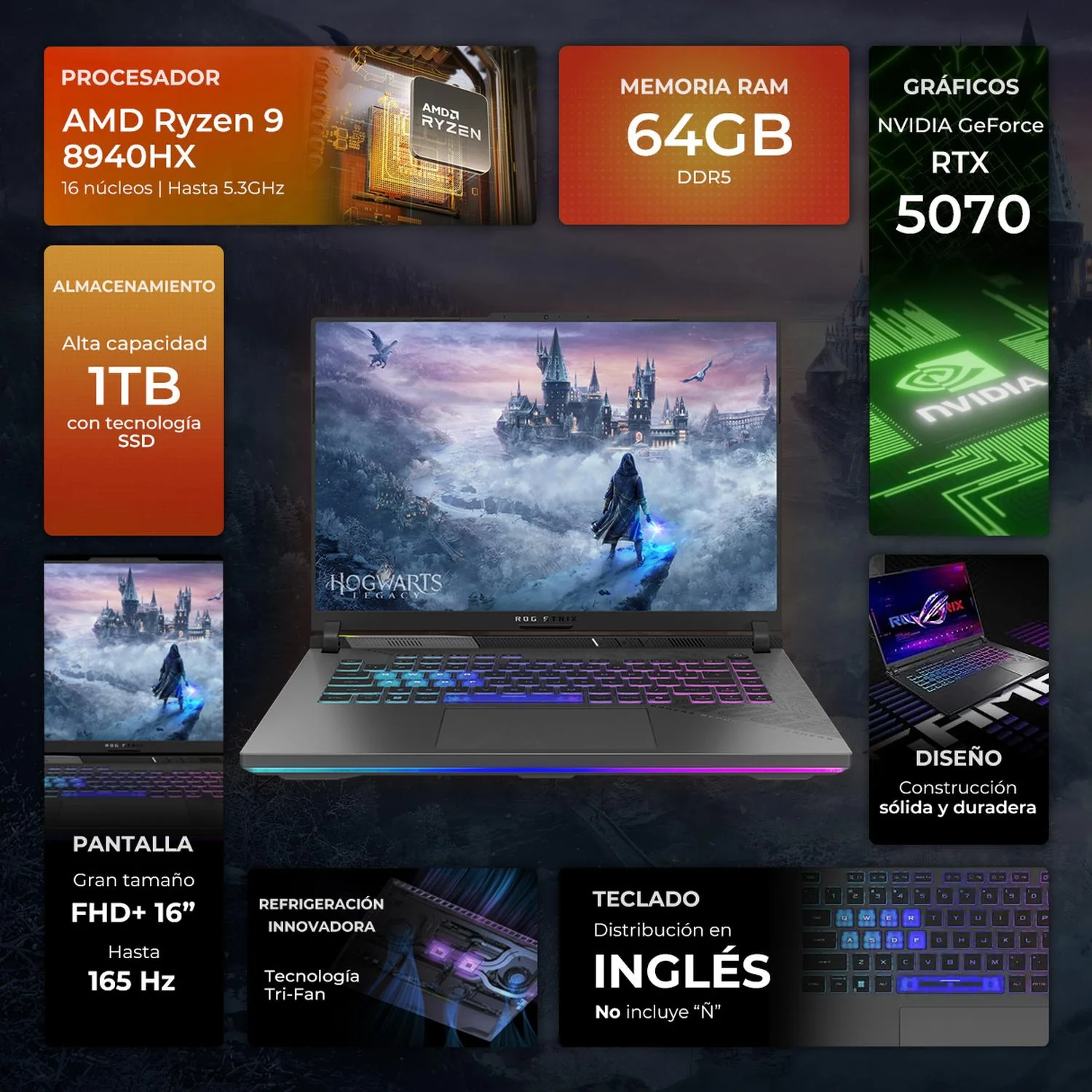 Laptop Gamer ASUS ROG Strix G16 Nvidia GeForce RTX 5070 8GB DLSS 4.5 AMD Ryzen 9 8940HX 64GB DDR5 1TB SSD Pantalla 16" IPS FHD+ 165Hz Teclado Ingles W11H Creación de Contenido y Streaming - Image 2