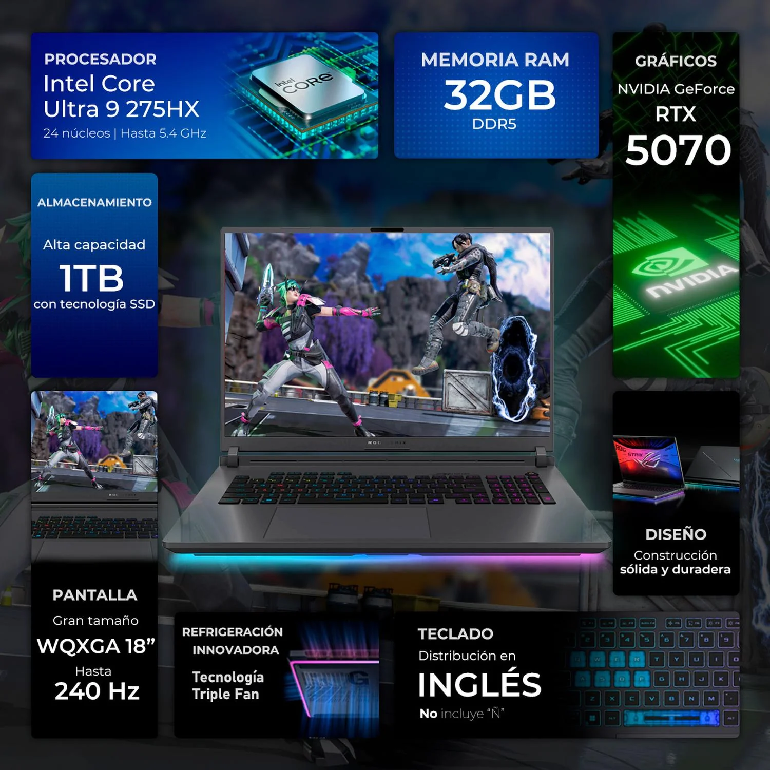 Laptop Gamer ASUS ROG Strix G18 NVIDIA GeForce RTX 5070 Intel Core Ultra 9 275HX 32GB DDR5 SSD 1TB 18" WQXGA 240Hz Teclado Ingles Potencia Extrema y Gaming Avanzado - Image 3