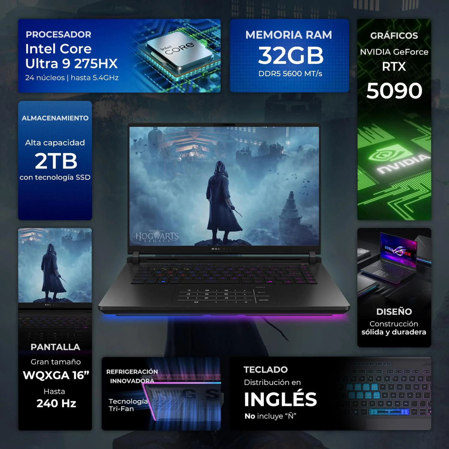 Laptop Gamer ASUS ROG Strix SCAR 16 NVIDIA GeForce RTX 5090 Intel Core Ultra 9 275HX 32GB DDR5 SSD 2TB 16" WQXGA 240Hz Teclado Ingles Gaming Avanzado y Creacion de Contenido - Image 3