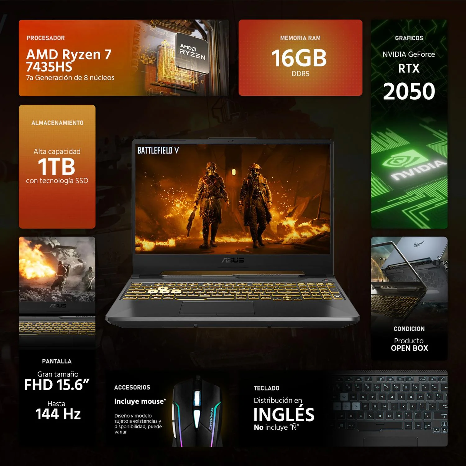 Laptop Gamer ASUS TUF Gaming A15 NVIDIA GeForce RTX 2050 AMD Ryzen 7 7435HS 16GB RAM 1TB SSD 15.6" Windows 11 Home Teclado en Ingles + Mouse DXT Gaming Open Box - Image 2