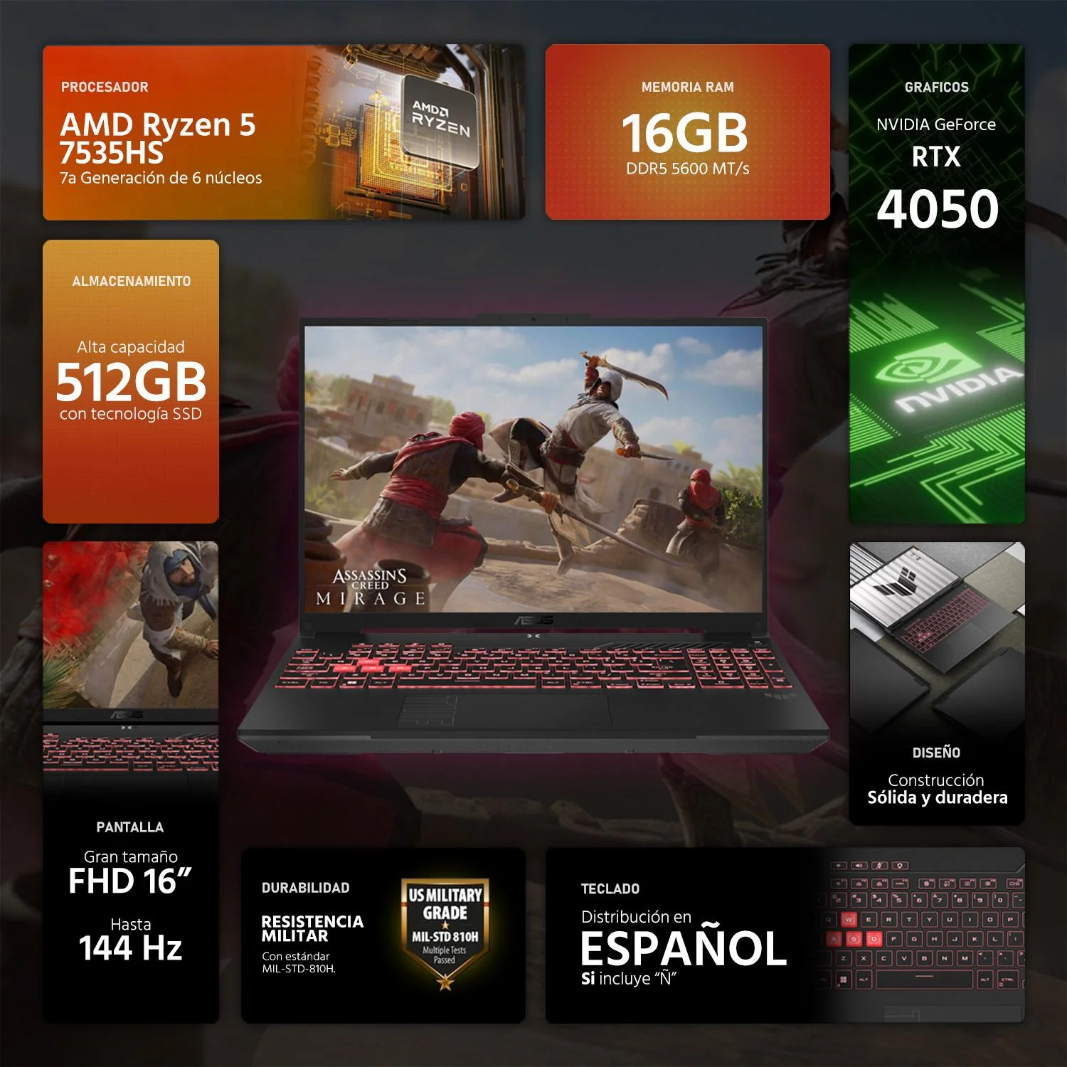 Laptop Gamer ASUS TUF Gaming A16 NVIDIA GeForce RTX 4050 AMD Ryzen 5 7535HS 16GB RAM 512GB SSD 16" Windows 11 Home Teclado en Español - Image 2