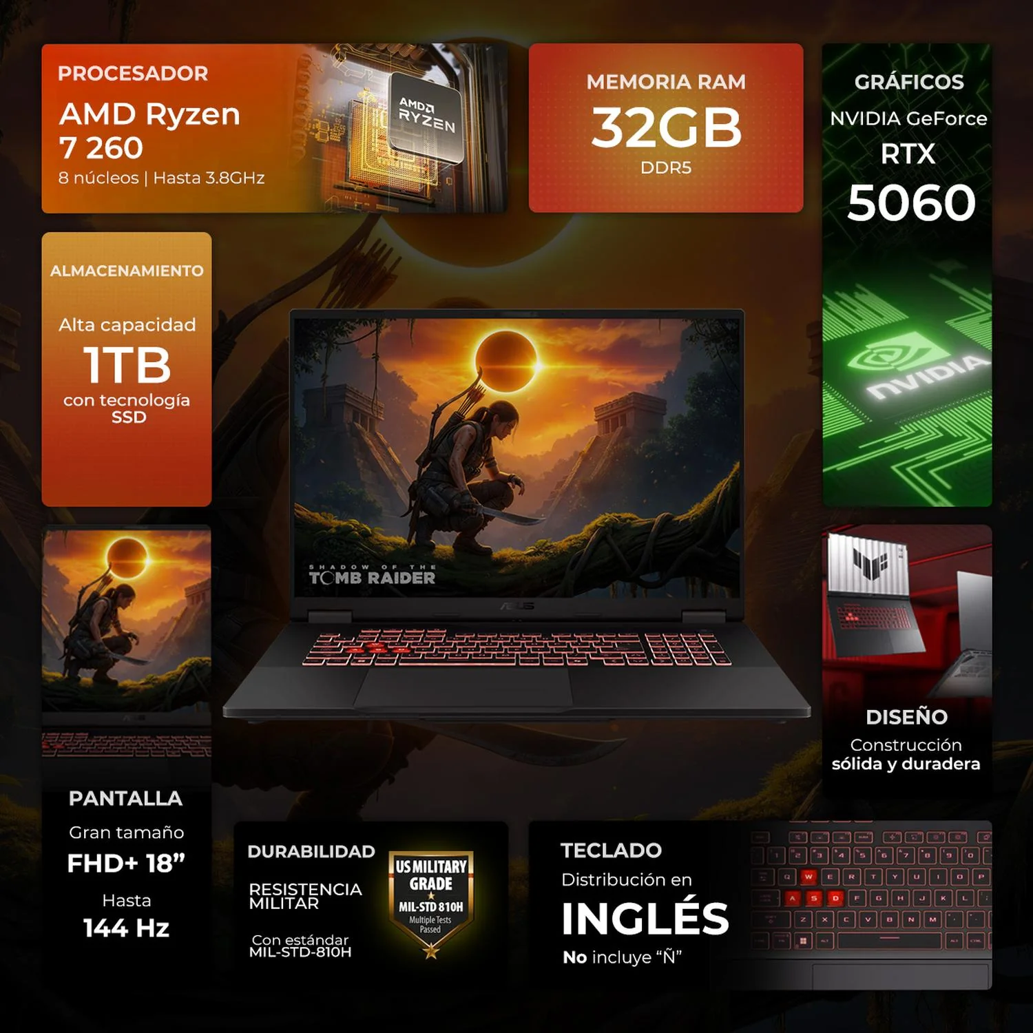 Laptop Gamer ASUS TUF Gaming A18 Nvidia GeForce RTX 5060 8GB DLSS 4.5 AMD Ryzen 7 260 32GB DDR5 1TB SSD Pantalla 18" IPS FHD+ 144Hz Teclado Ingles W11H Streaming y Creación de Contenido - Image 2
