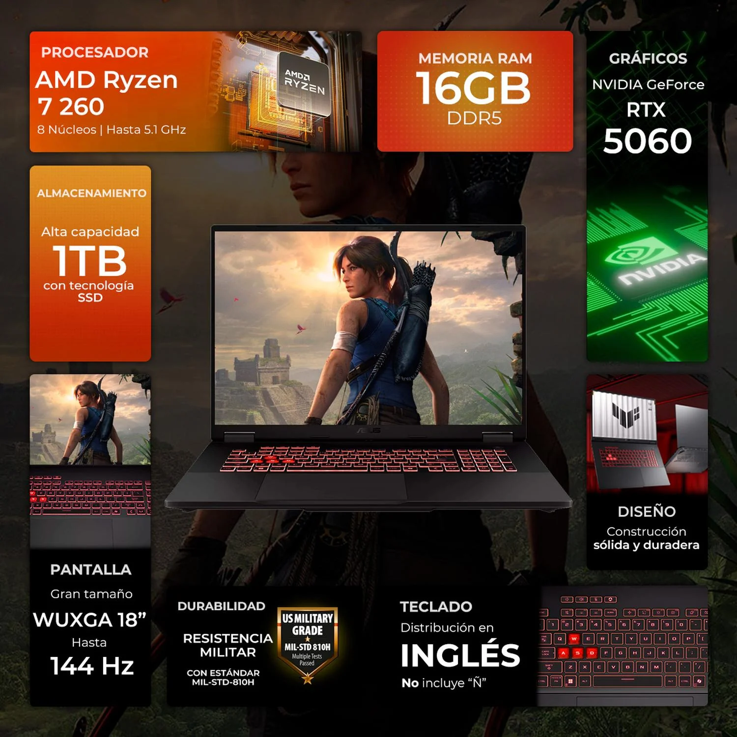 Laptop Gamer ASUS TUF Gaming A18 NVIDIA GeForce RTX 5060 AMD Ryzen 7 260 16GB DDR5 SSD 1TB 18" WUXGA 144Hz Teclado Ingles Gaming Competitivo y Creacion de Contenido - Image 2