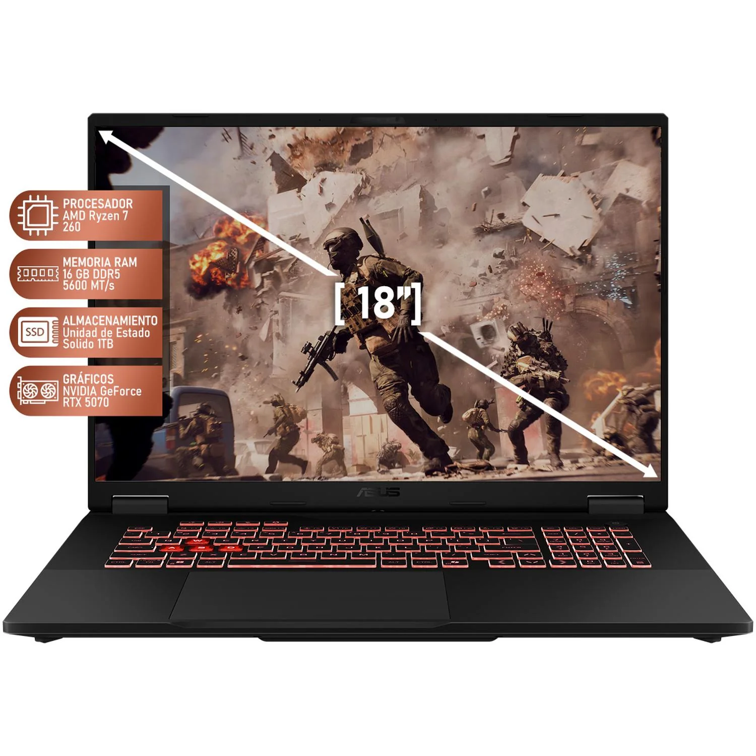 Laptop Gamer ASUS TUF Gaming A18 NVIDIA GeForce RTX 5070 AMD Ryzen 7 260 16GB RAM 1TB SSD 18" Windows 11 Home Teclado en Ingles - Image 2