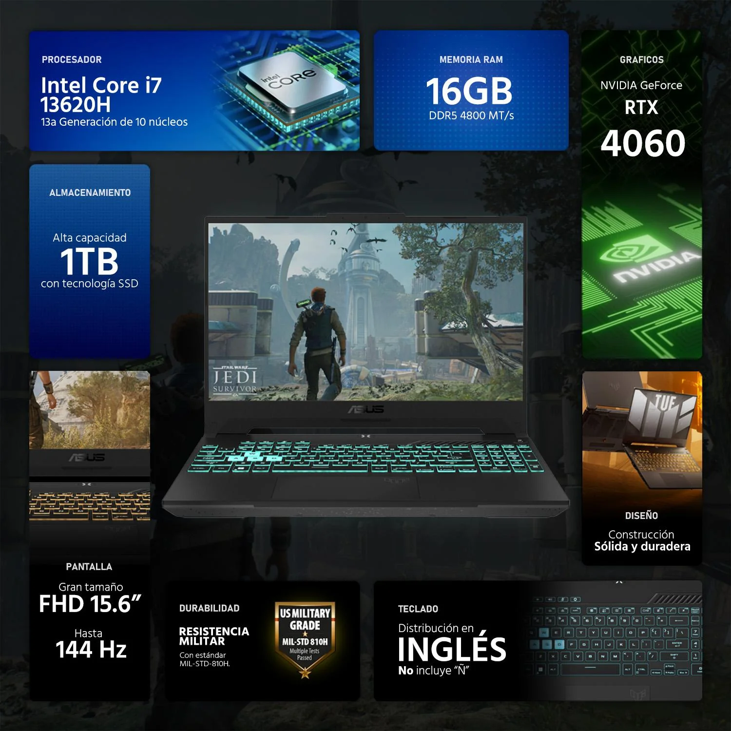 Laptop Gamer ASUS TUF Gaming F15 NVIDIA GeForce RTX 4060 Intel Core i7 13620H 16GB RAM 1TB SSD 15.6" Windows 11 Home Teclado en Ingles - Image 2