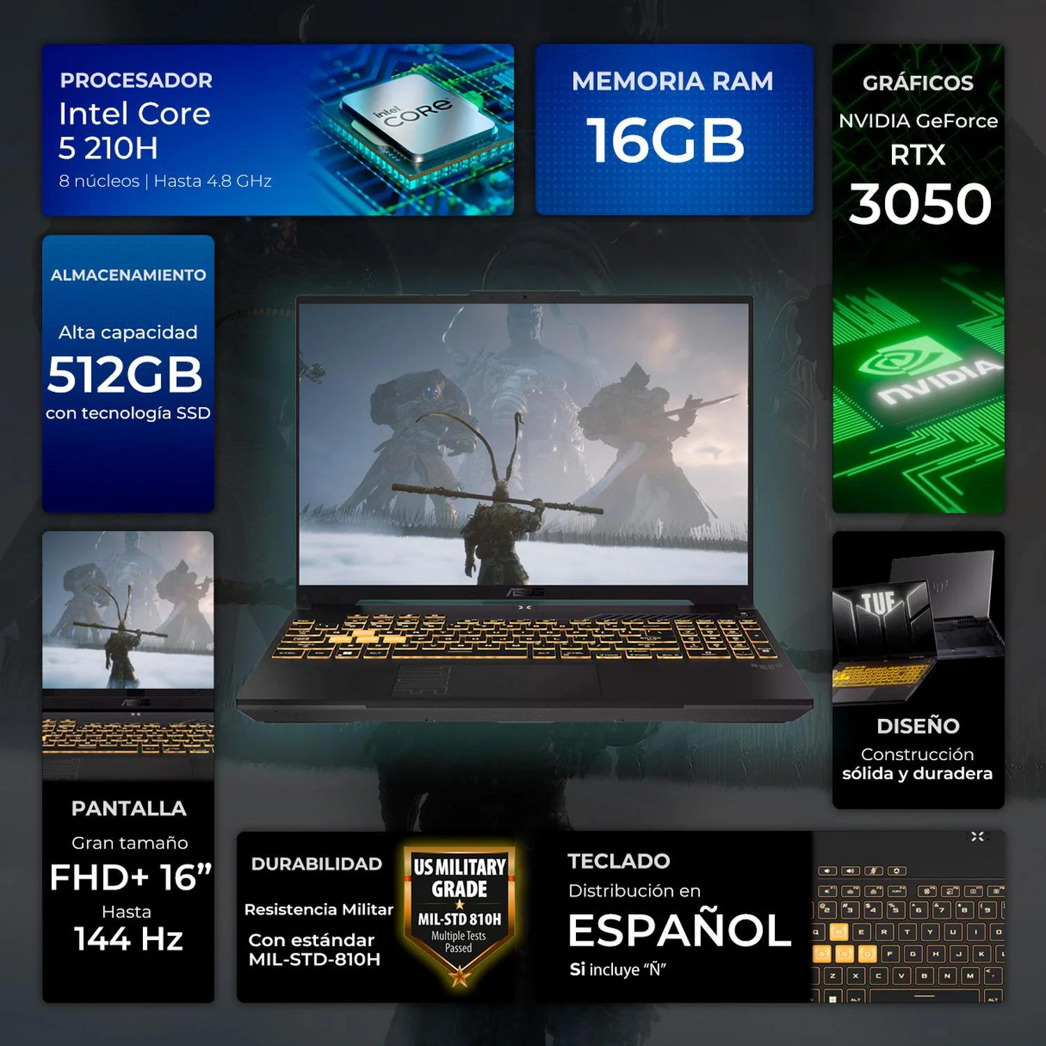 Laptop Gamer ASUS TUF Gaming F16 Nvidia GeForce RTX 3050 6GB Intel Core i5 210H 16GB 512GB SSD Pantalla 16" FHD+ 144Hz Teclado Español FreeDOS - Image 2