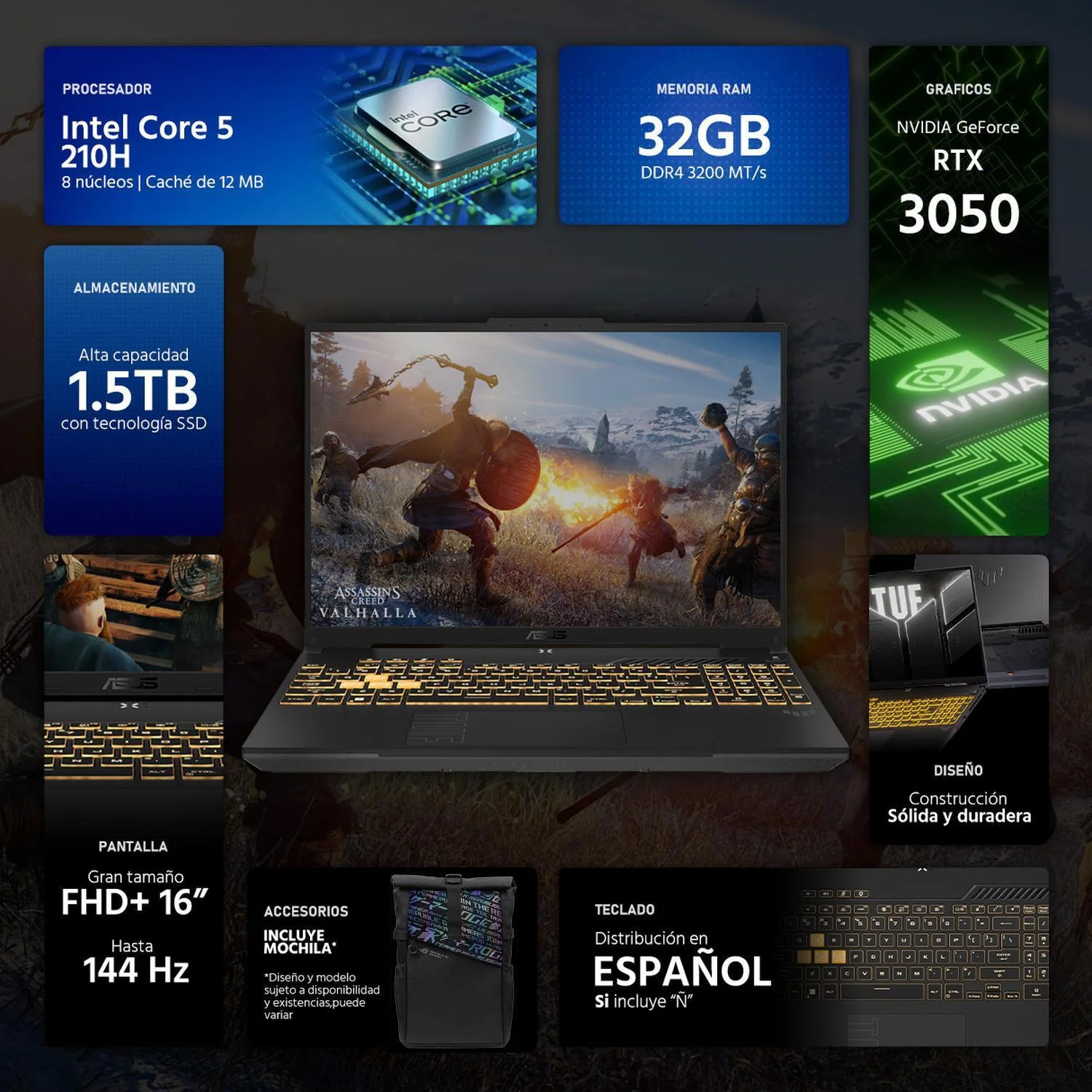 Laptop Gamer ASUS TUF Gaming F16 NVIDIA GeForce RTX 3050 Intel Core 5 210H 32GB RAM 1.5TB SSD 16" Windows 11 Home Teclado en Español + Mochila - Image 3