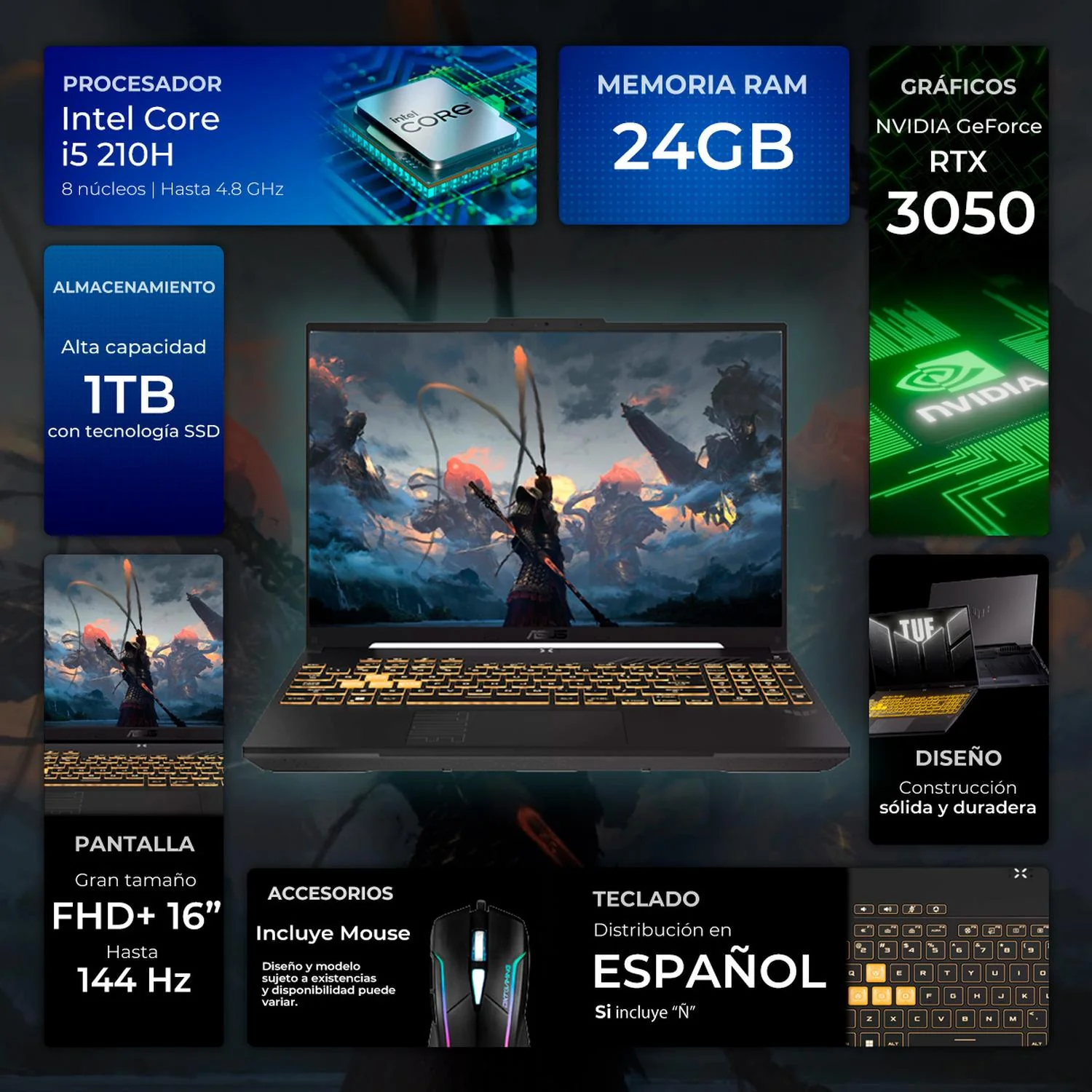 Laptop Gamer ASUS TUF Gaming F16 NVIDIA GeForce RTX 3050 Intel Core i5 210H 24GB SSD 1TB 16" Full HD 144Hz Teclado Español Mouse DXT Gaming Trabajo Multimedia y Gaming Casual - Image 2