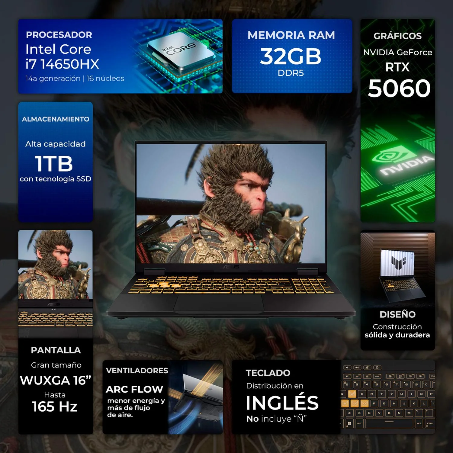Laptop Gamer ASUS TUF Gaming F16 NVIDIA GeForce RTX 5060 Intel Core i7 14650HX 32GB DDR5 SSD 1TB 16" WUXGA 165Hz Teclado Ingles Gaming Competitivo y Multitarea Fluida - Image 2