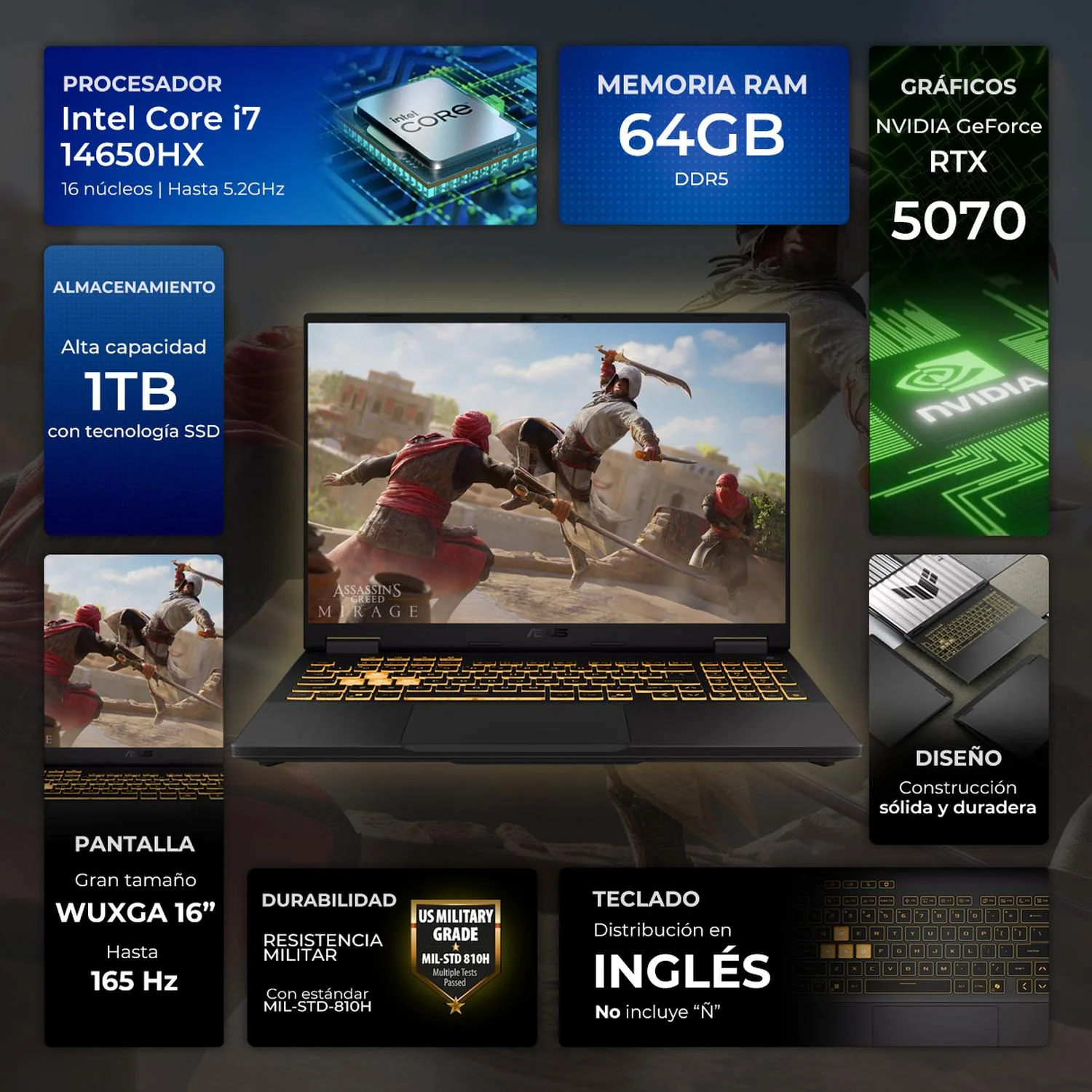 Laptop Gamer ASUS TUF Gaming F16 Nvidia GeForce RTX 5070 8GB DLSS 4.5 Intel Core i7 14650HX 64GB DDR5 1TB SSD Pantalla 16" IPS FHD+ 165Hz Teclado Ingles W11H Creación de Contenido y Streaming - Image 2