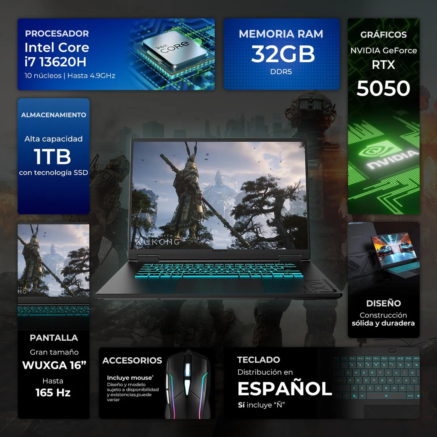 Laptop Gamer GIGABYTE Gaming A16 Nvidia GeForce RTX 5050 8GB Intel Core i7 13620H 32GB DDR5 1TB SSD Pantalla 16" IPS FHD+ 165Hz Teclado Español Mouse Gaming DXT W11H-E Diseño Gráfico y Multimedia - Image 2