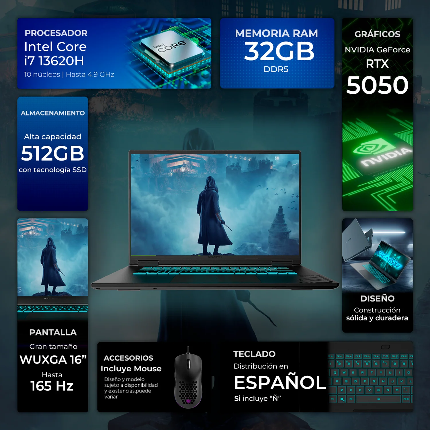 Laptop Gamer GIGABYTE Gaming A16 NVIDIA GeForce RTX 5050 8GB Intel Core i7 13620H 32GB DDR5 512GB SSD 16" IPS FHD 165Hz Teclado Español Mouse DXT Gaming Streaming Profesional y Gaming Competitivo - Image 2