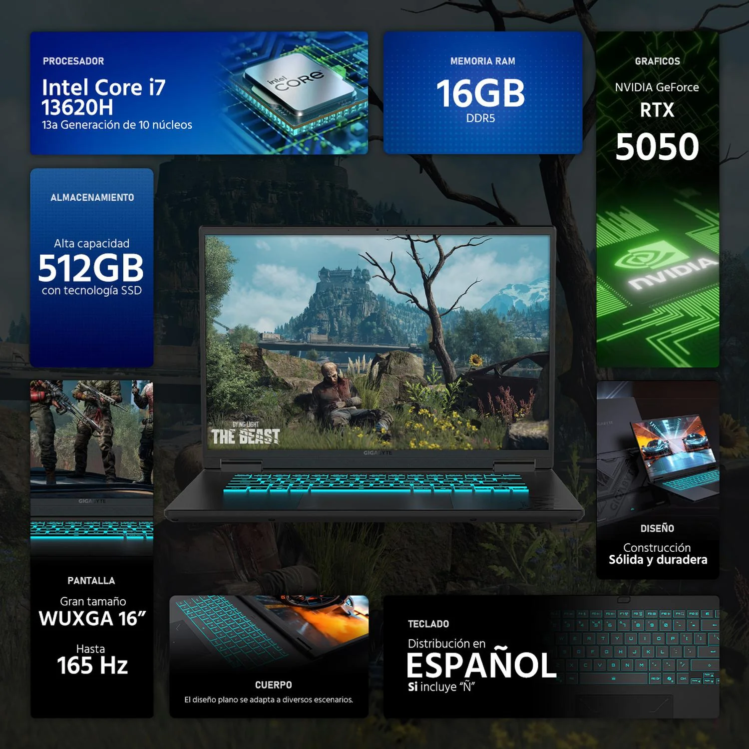 Laptop Gamer GIGABYTE Gaming A16 NVIDIA GeForce RTX 5050 Intel Core i7 13620H 16GB DDR5 SSD 512GB 16" WUXGA 165Hz Teclado Español Gaming Avanzado y Multitarea - Image 2