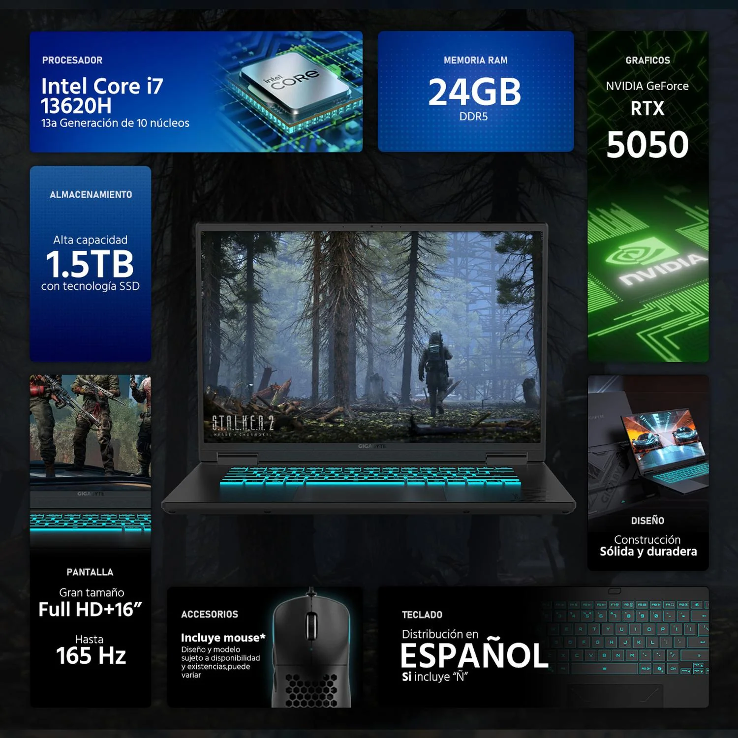 Laptop Gamer GIGABYTE Gaming A16 NVIDIA GeForce RTX 5050 Intel Core i7 13620H 24GB DDR5 SSD 1.5TB 16" WUXGA 165Hz Teclado Español Mouse DXT Gaming Trabajo Multimedia y Gaming Avanzado - Image 2
