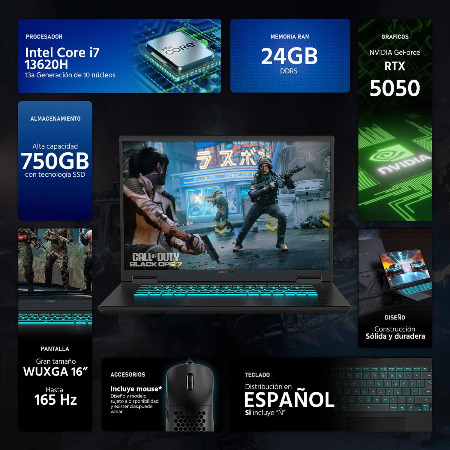 Laptop Gamer GIGABYTE Gaming A16 NVIDIA GeForce RTX 5050 Intel Core i7 13620H 24GB RAM 750GB SSD 16" Windows 11 Home Teclado en Español + Mouse DXT Gaming - Image 2