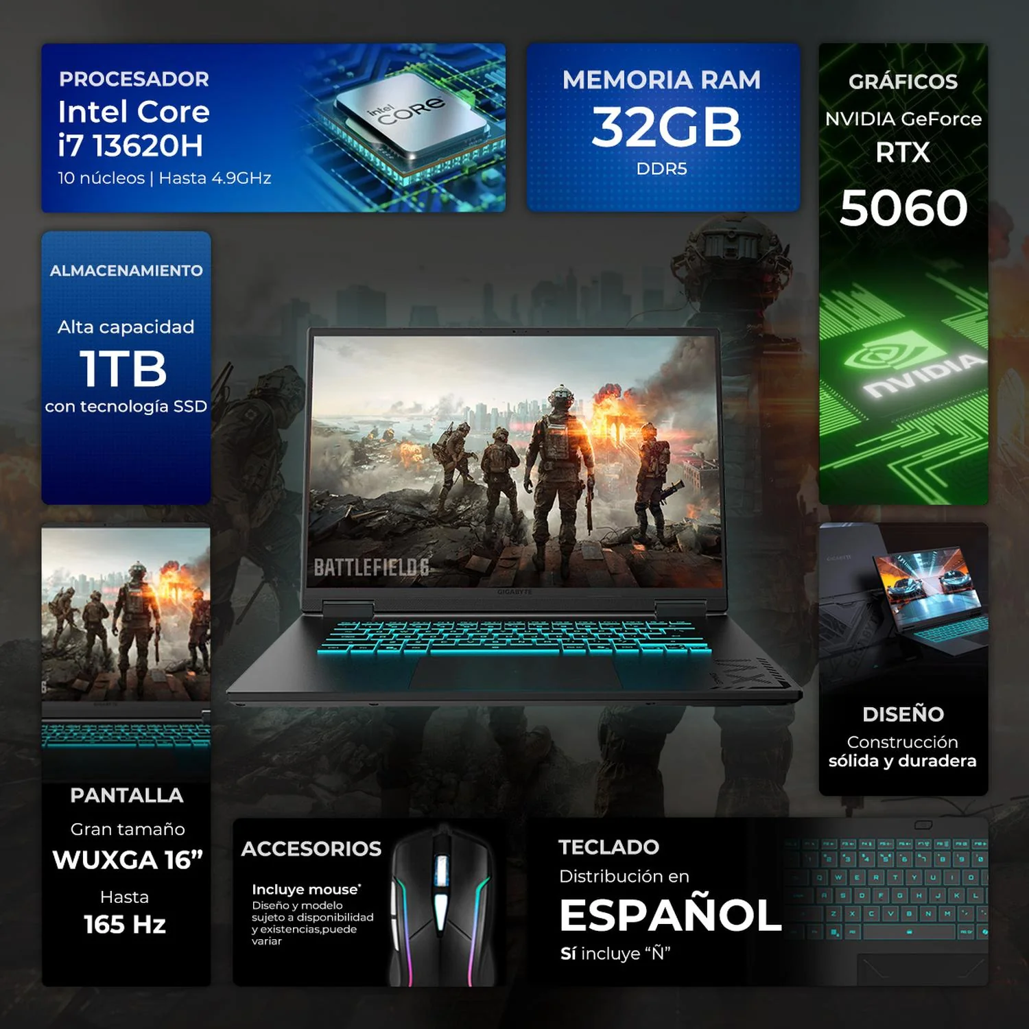 Laptop Gamer GIGABYTE Gaming A16 Nvidia GeForce RTX 5060 8GB Intel Core i7 13620H 32GB DDR5 1TB SSD Pantalla 16" IPS FHD+ 165Hz Teclado Español Mouse Gaming DXT W11H Creación de Contenido y Streaming - Image 2