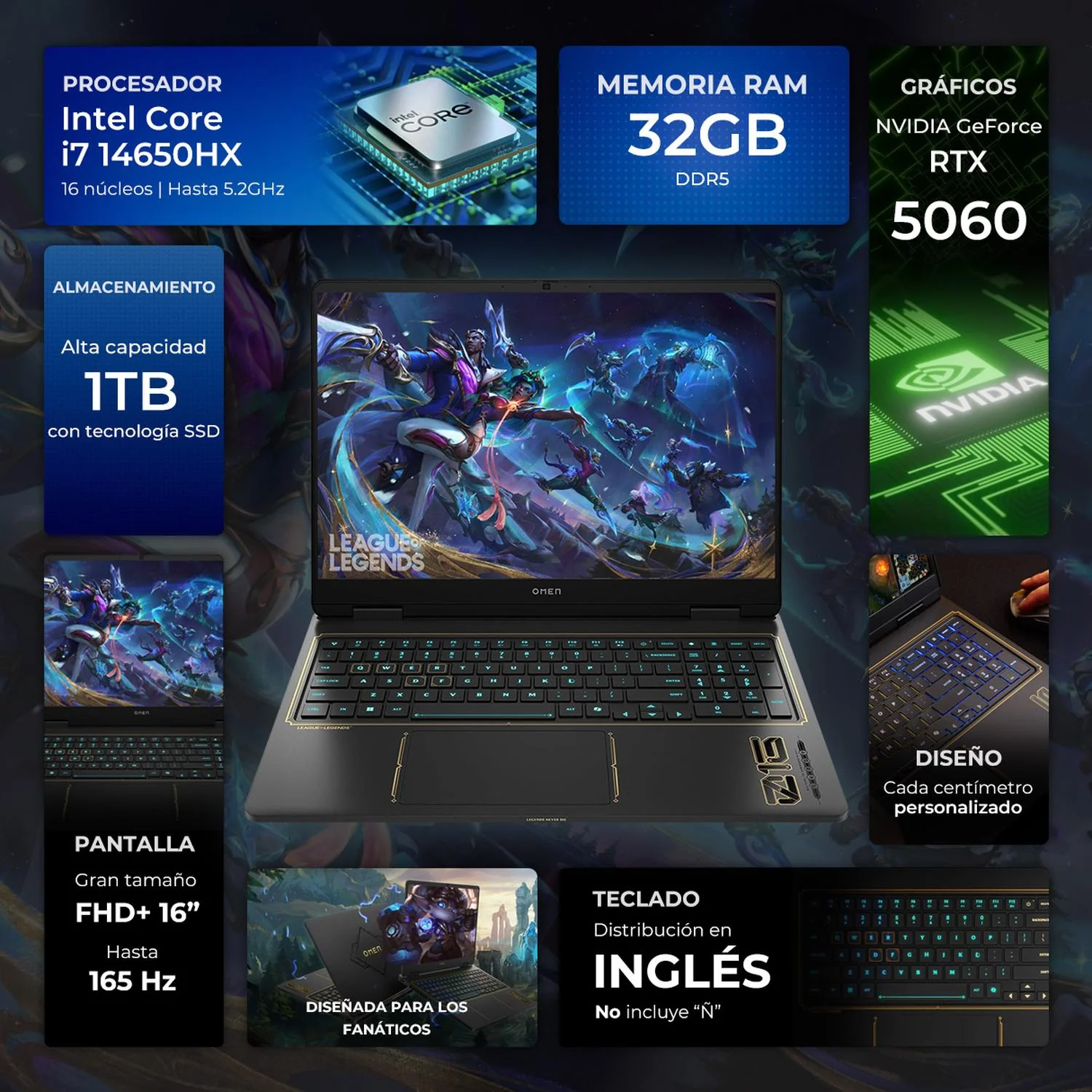 Laptop Gamer HP Omen LOL Nvidia GeForce RTX 5060 8GB DLSS 4.5 Intel Core i7 14650HX 32GB DDR5 1TB SSD Pantalla 16" IPS FHD+ 165Hz Teclado Ingles W11H League of Legends Gamer Competitivo Streaming en Vivo - Image 2