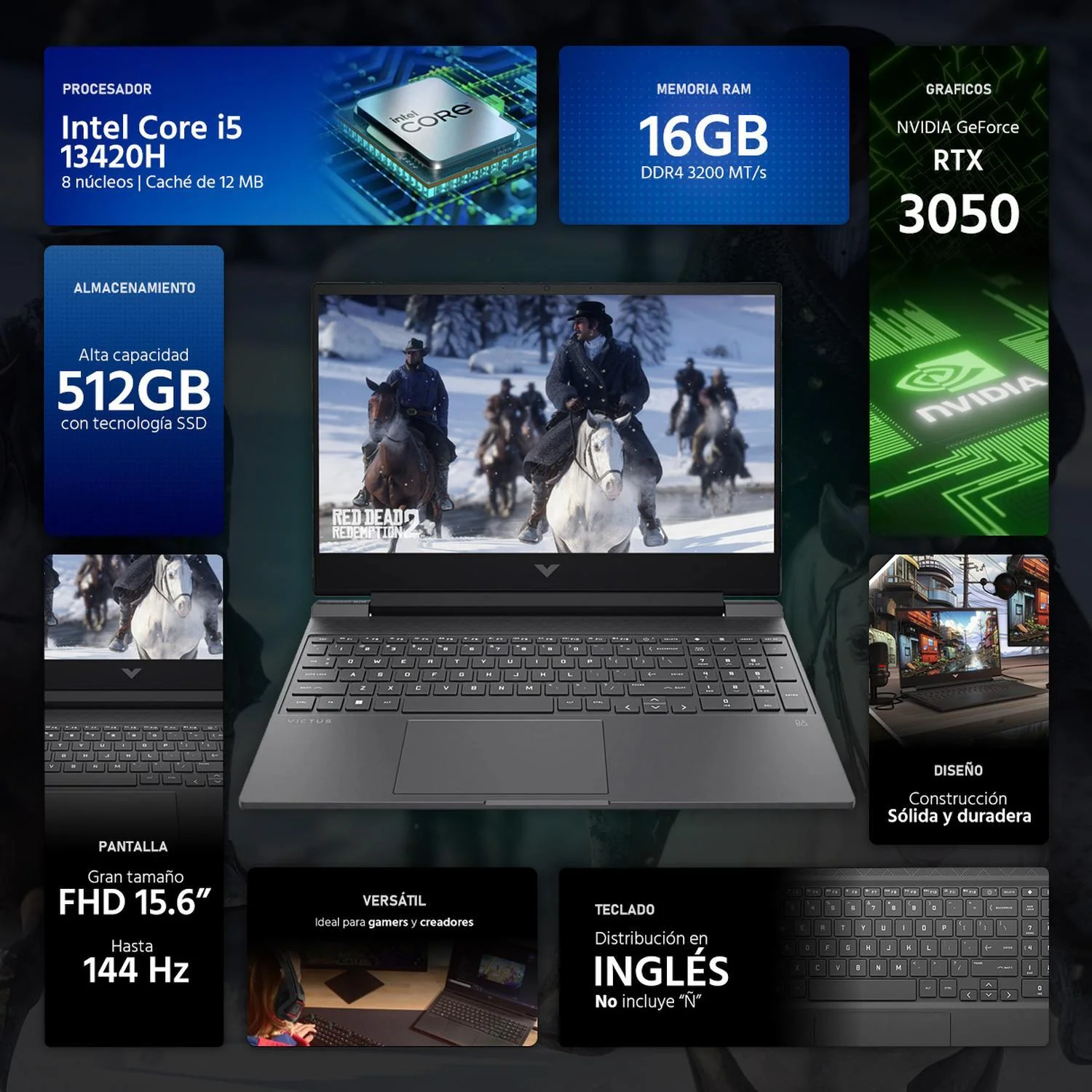 Laptop Gamer HP Victus Nvidia GeForce RTX 3050 6GB Intel Core i5 13420H 16GB 512GB SSD Pantalla 15.6" IPS FHD 144Hz W11H Teclado Ingles Open Box Gaming Entrada - Image 2