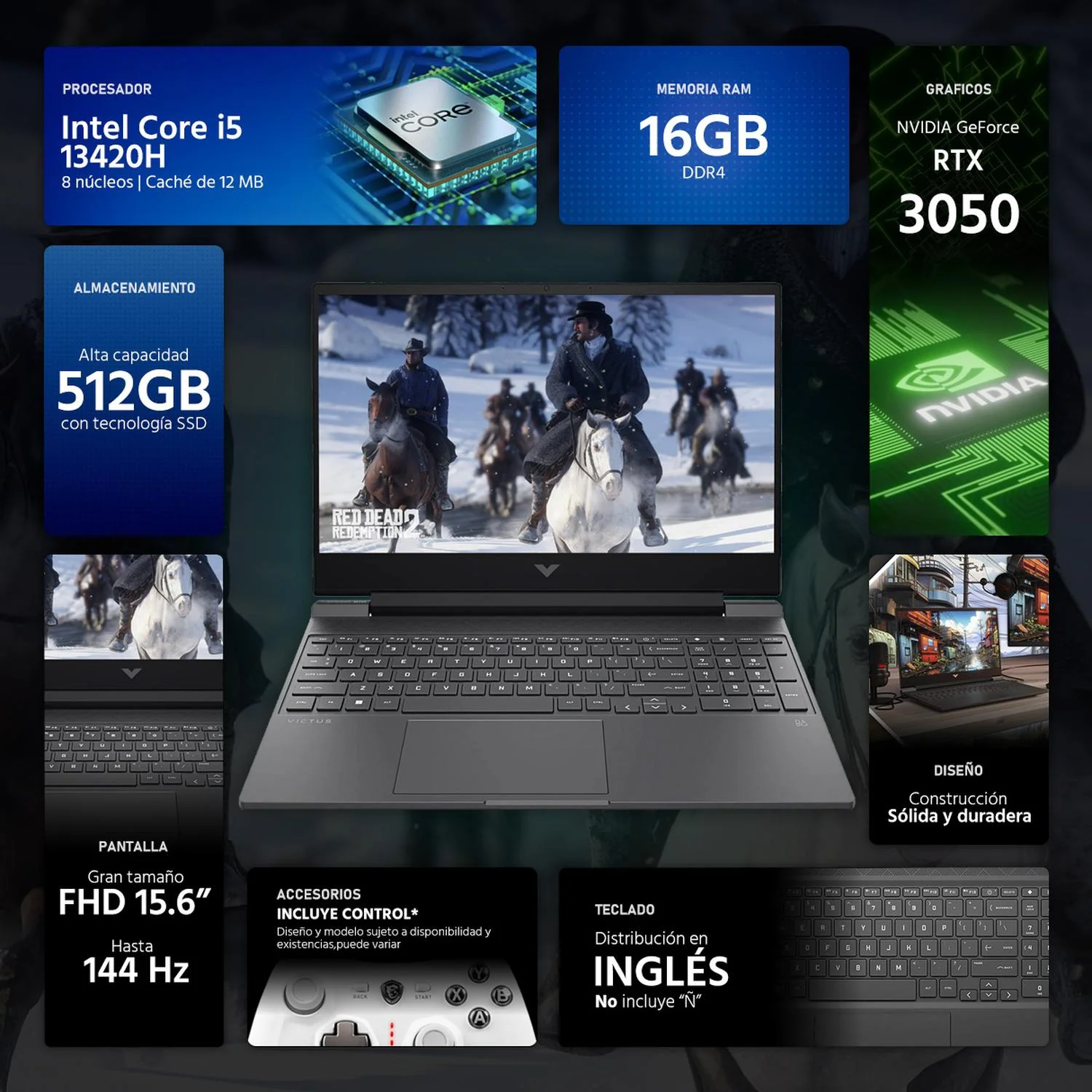 Laptop Gamer HP Victus NVIDIA GeForce RTX 3050 Intel Core i5 13420H 24GB 512GB SSD 15.6" Full HD 144Hz W11 Teclado Ingles Control Gaming y Edicion de video - Image 2