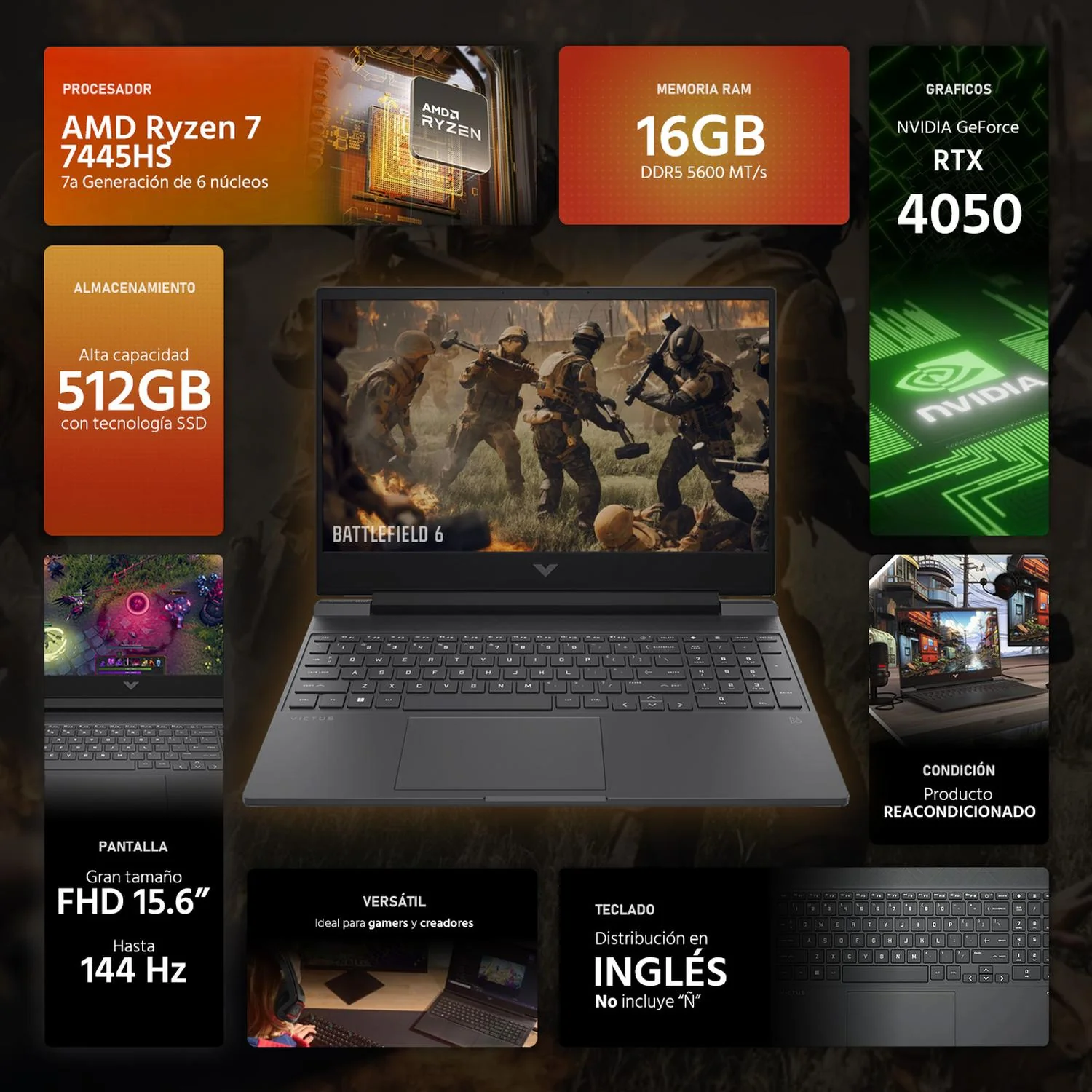 Laptop Gamer HP Victus NVIDIA GeForce RTX 4050 AMD Ryzen 7 7445HS 16GB RAM 512GB SSD 15.6" Windows 11 Home Teclado en Ingles Reacondicionado - Image 2