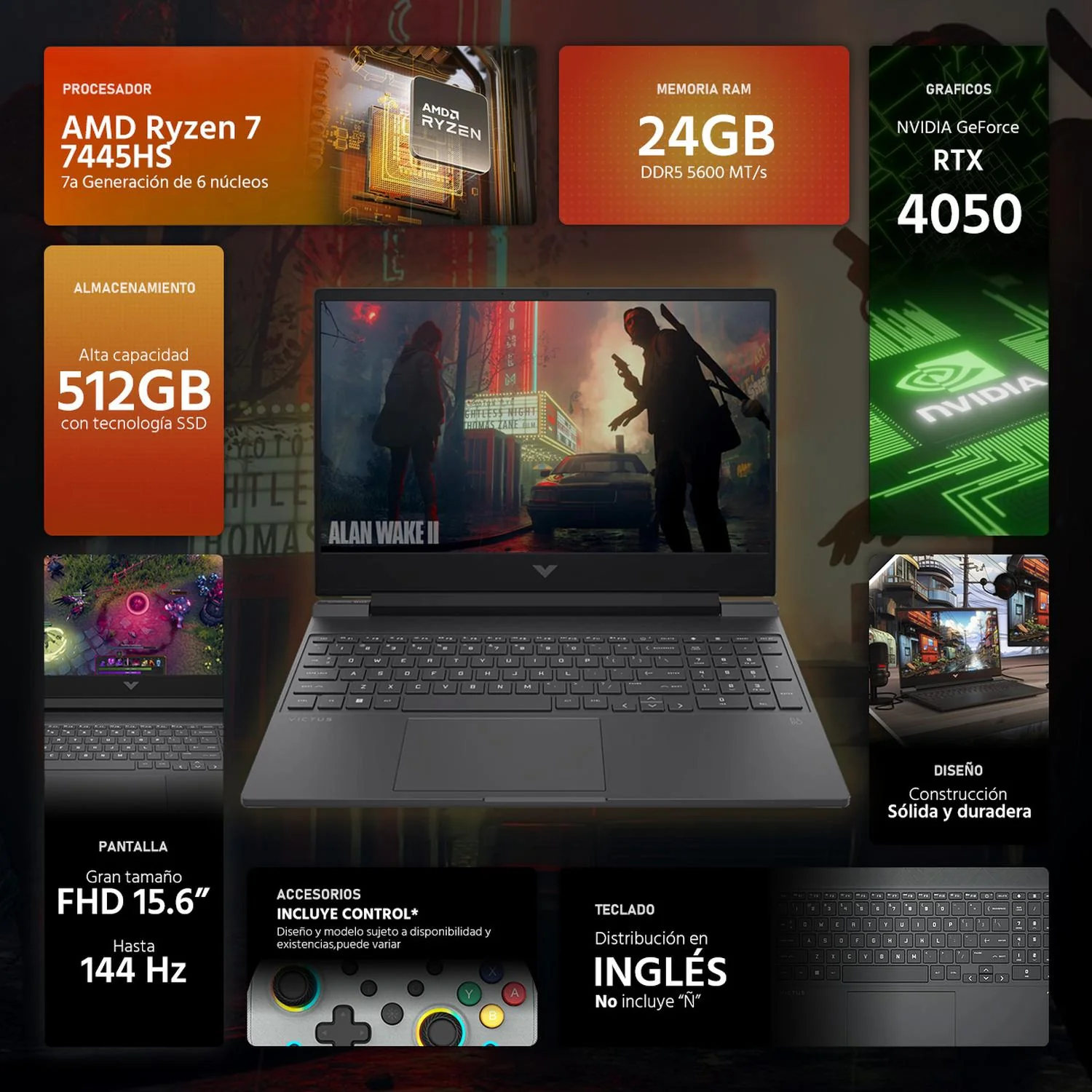Laptop Gamer HP Victus NVIDIA GeForce RTX 4050 AMD Ryzen 7 7445HS 24GB DDR5 SSD 512GB 15.6" FHD 144Hz Teclado Ingles Control DXT ideal para Gaming y Multitarea - Image 2