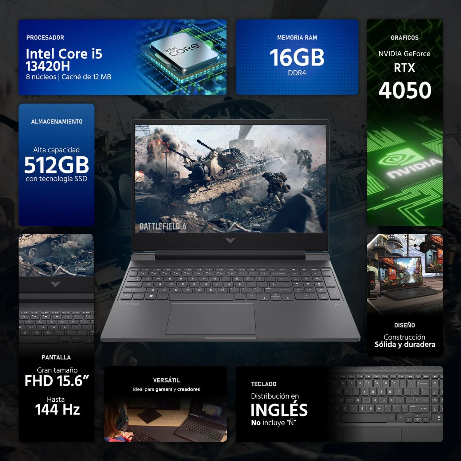 Laptop Gamer HP Victus NVIDIA GeForce RTX 4050 Intel Core i5 13420H 16GB 512GB SSD 15.6" Full HD 144Hz W11 Teclado Ingles Gaming Estable en Calidad Media - Image 2