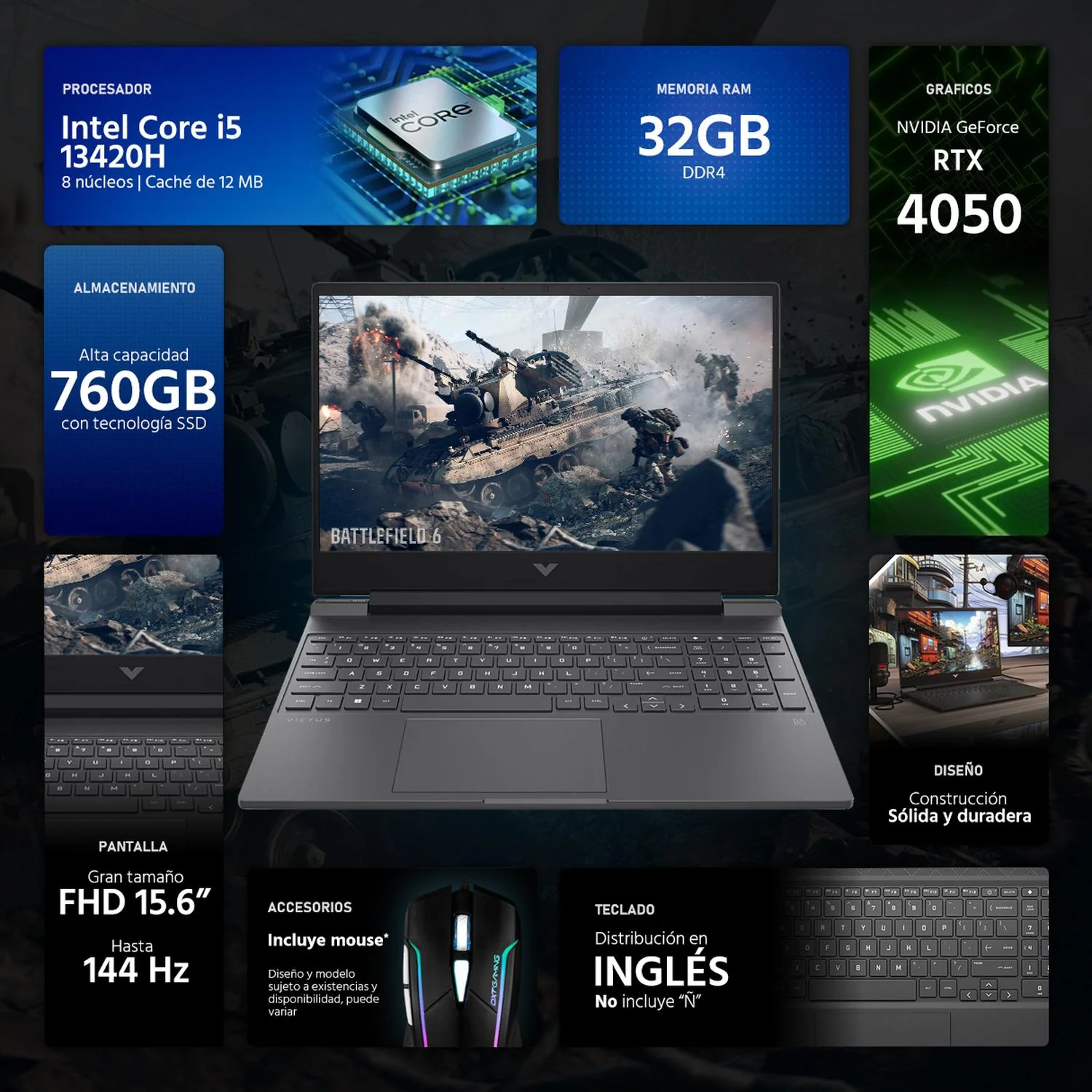Laptop Gamer HP Victus NVIDIA GeForce RTX 4050 Intel Core i5 13420H 32GB 760GB SSD 15.6" Full HD 144Hz W11 Teclado Ingles Mouse DXT Gaming y Edicion de video - Image 2