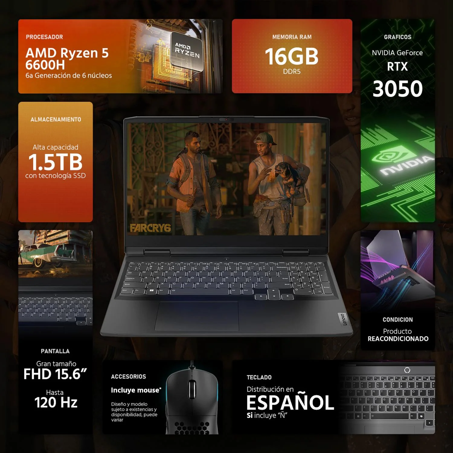 Laptop Gamer LENOVO Gaming 3 NVIDIA GeForce RTX 3050 AMD Ryzen 5 6600H 16GB RAM 1.5TB SSD 15.6" Windows 11 Home Teclado en Español + Mouse DXT Gaming Reacondicionado - Image 2