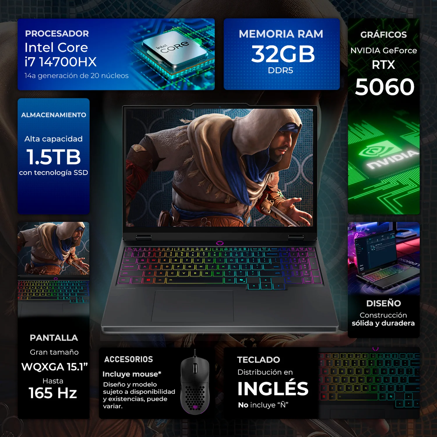 Laptop Gamer LENOVO Legion 5 15IRX10 NVIDIA GeForce RTX 5060 8GB Intel Core i7 14700HX 32GB DDR5 SSD 1.5TB 15.1" OLED WQXGA 165Hz Teclado Ingles Mouse DXT Gaming Trabajo Digita IA y Gaming Competitivo - Image 2