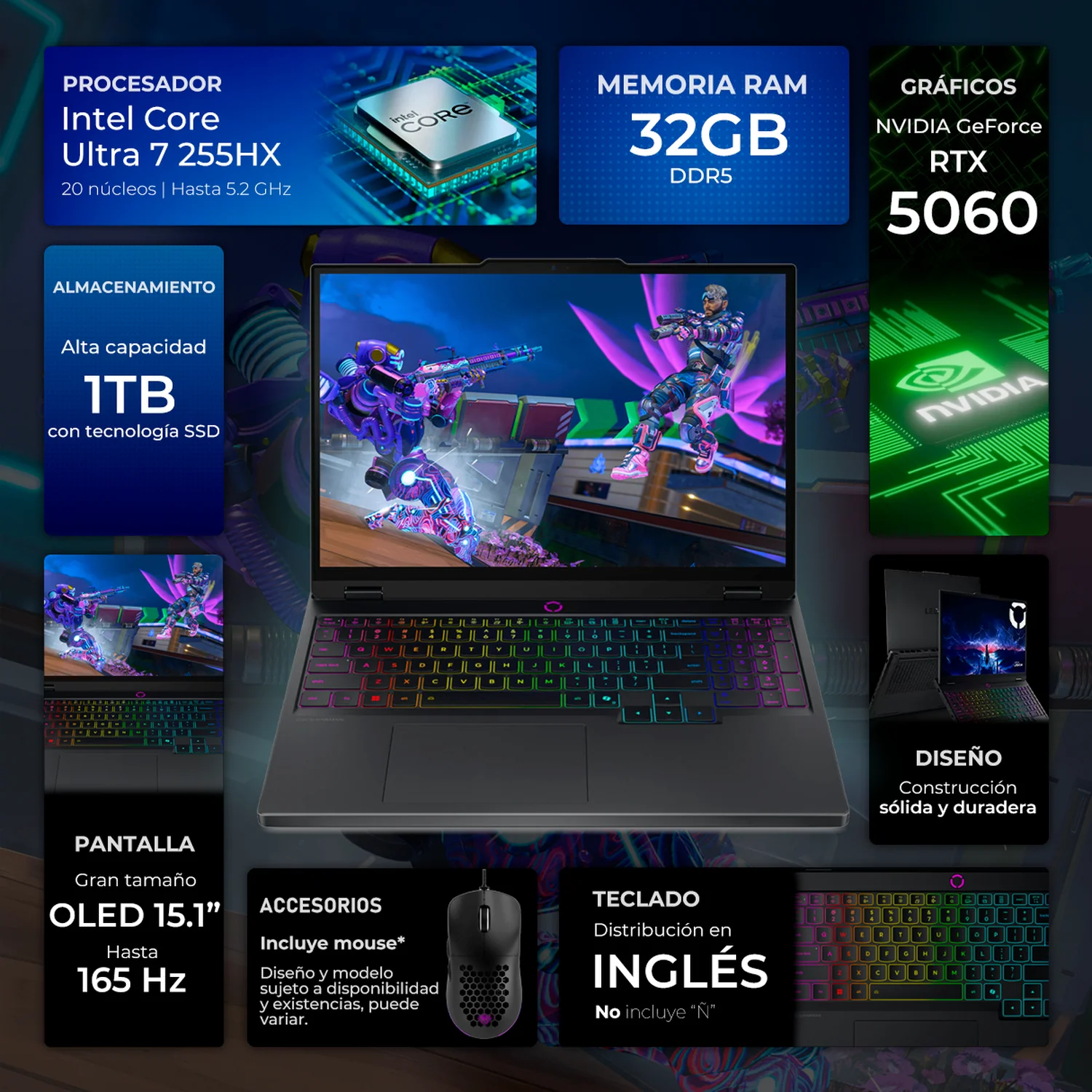 Laptop Gamer LENOVO Legion 5i NVIDIA GeForce RTX 5060 8GB Intel Core Ultra 7 255HX 32GB DDR5 1TB SSD 15.1" OLED WQXGA 165Hz Teclado Ingles Mouse DXT Gaming Multitarea Extrema y Gaming Competitivo - Image 3