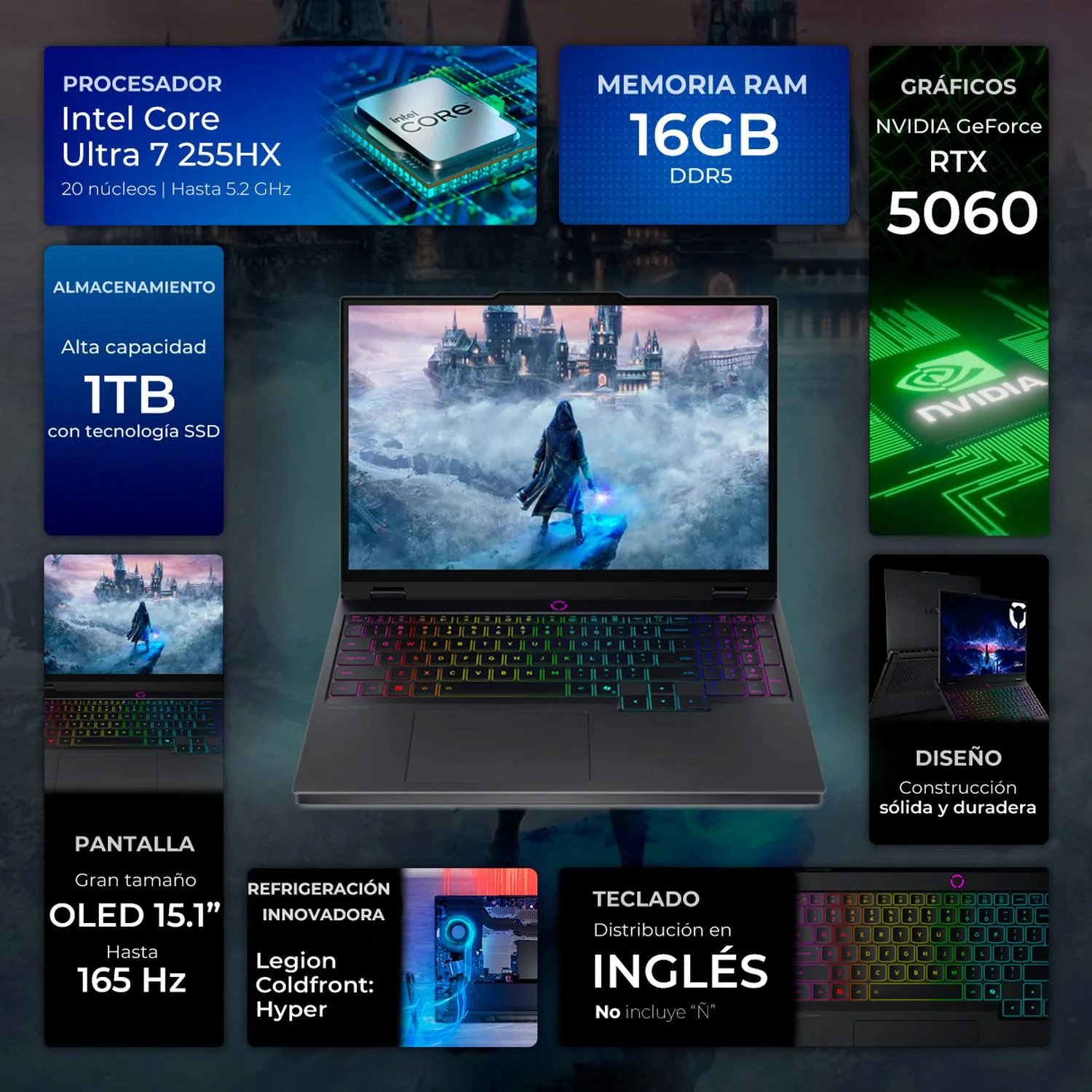 Laptop Gamer LENOVO Legion 5i NVIDIA GeForce RTX 5060 Intel Core Ultra 7 255HX 16GB DDR5 SSD 1TB 15.1" OLED WQXGA 165Hz Teclado Ingles Gaming Competitivo y Estudio Profesional - Image 3