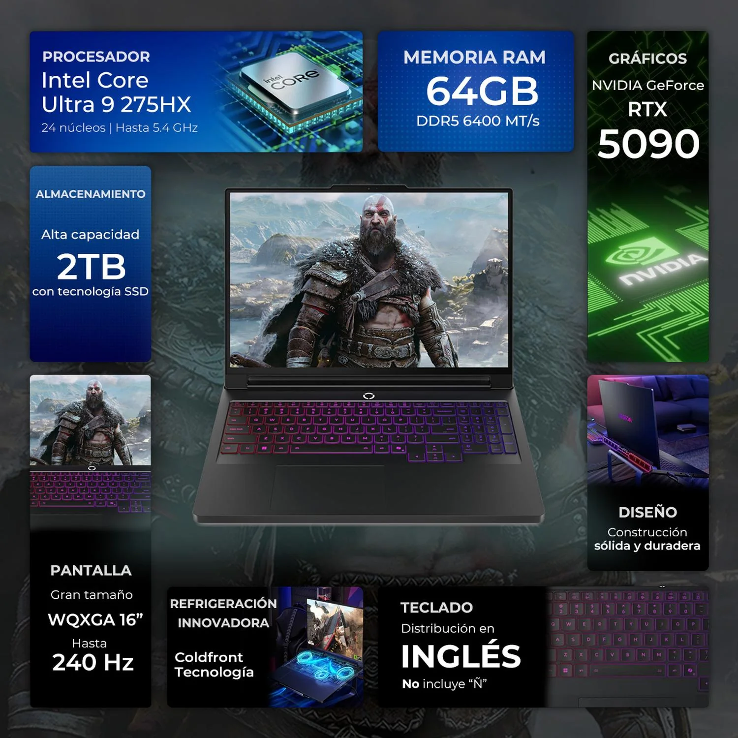 Laptop Gamer LENOVO Legion Pro 7 NVIDIA GeForce RTX 5090 Intel Core Ultra 9 275HX 64GB DDR5 SSD 2TB 16" WQXGA OLED 240Hz Teclado Ingles Gaming Avanzado e Ingenieria Profesional - Image 3