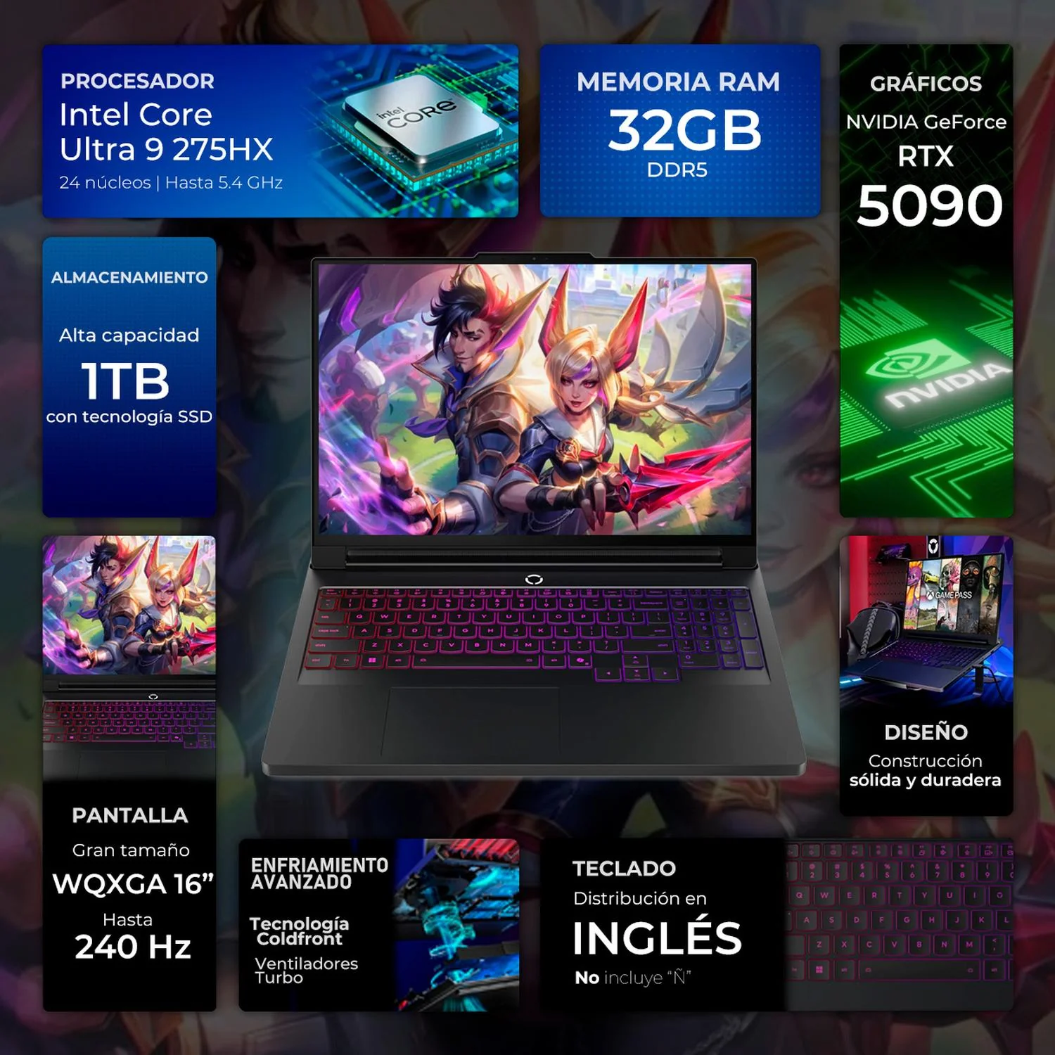 Laptop Gamer LENOVO Legion Pro 7i NVIDIA GeForce RTX 5090 Intel Core Ultra 9 275HX 32GB DDR5 SSD 1TB 16" WQXGA OLED 240Hz Teclado Ingles Potencia Extrema y Gaming Avanzado - Image 3