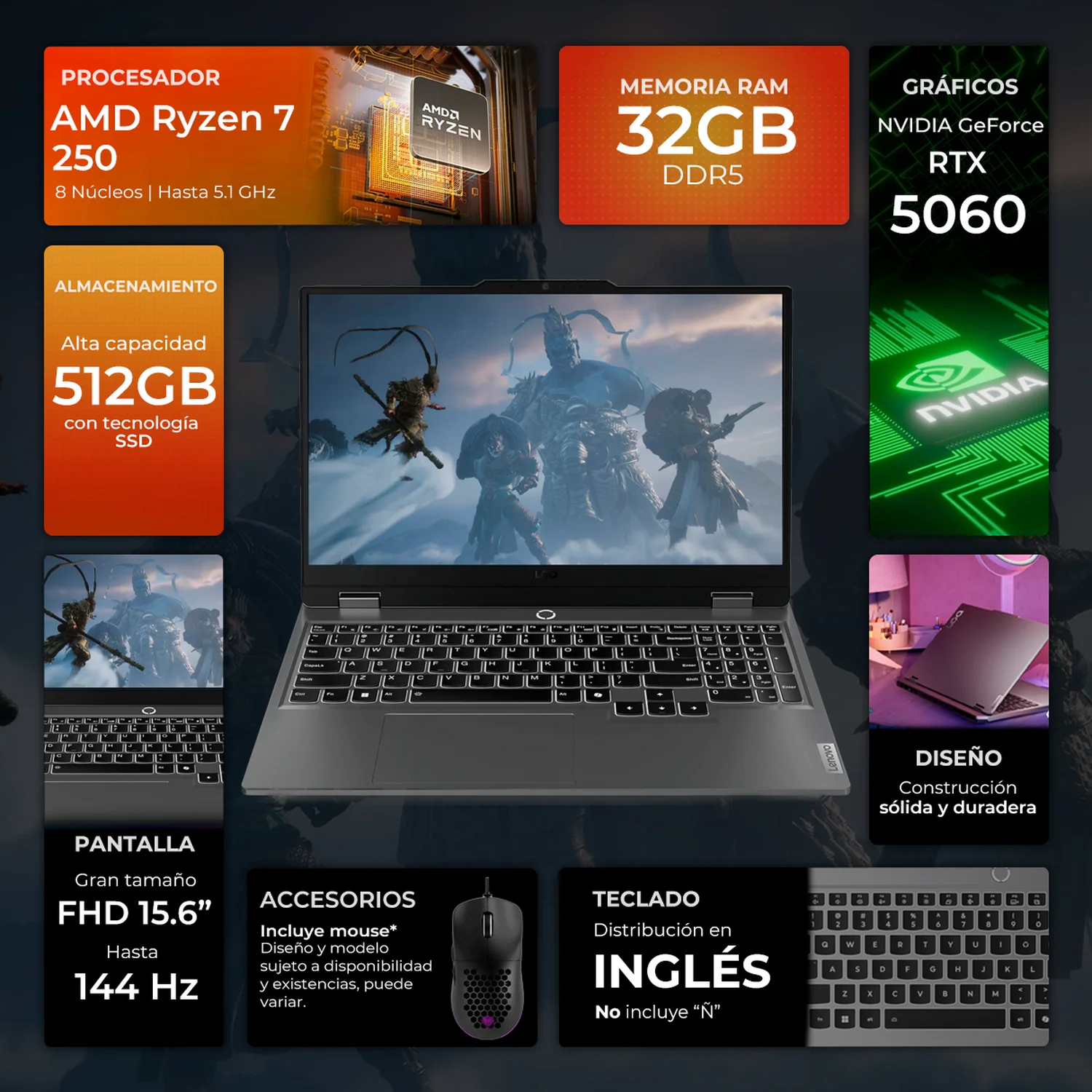 Laptop Gamer LENOVO LOQ 15AHP10 NVIDIA GeForce RTX 5060 8GB AMD Ryzen 7 250 32GB DDR5 SSD 512GB Pantalla 15.6" IPS FHD 144Hz Teclado Ingles Mouse DXT Gaming Fluidez total y Gaming Competitivo - Image 2