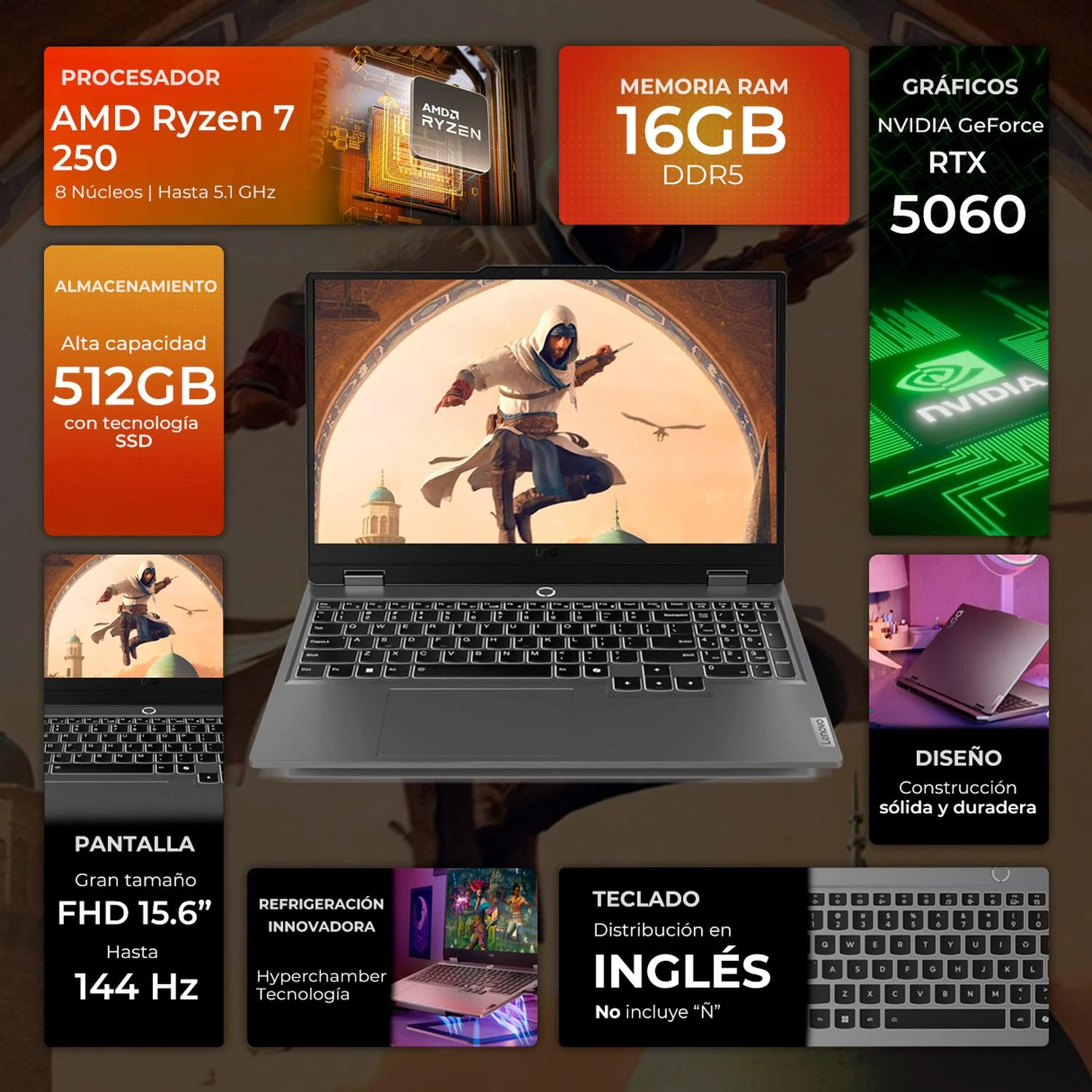 Laptop Gamer LENOVO LOQ 15AHP10 NVIDIA GeForce RTX 5060 AMD Ryzen 7 250 16GB DDR5 SSD 512GB 15.6" Full HD 144Hz Teclado Ingles Multitarea Avanzada y Gaming Competitivo - Image 2