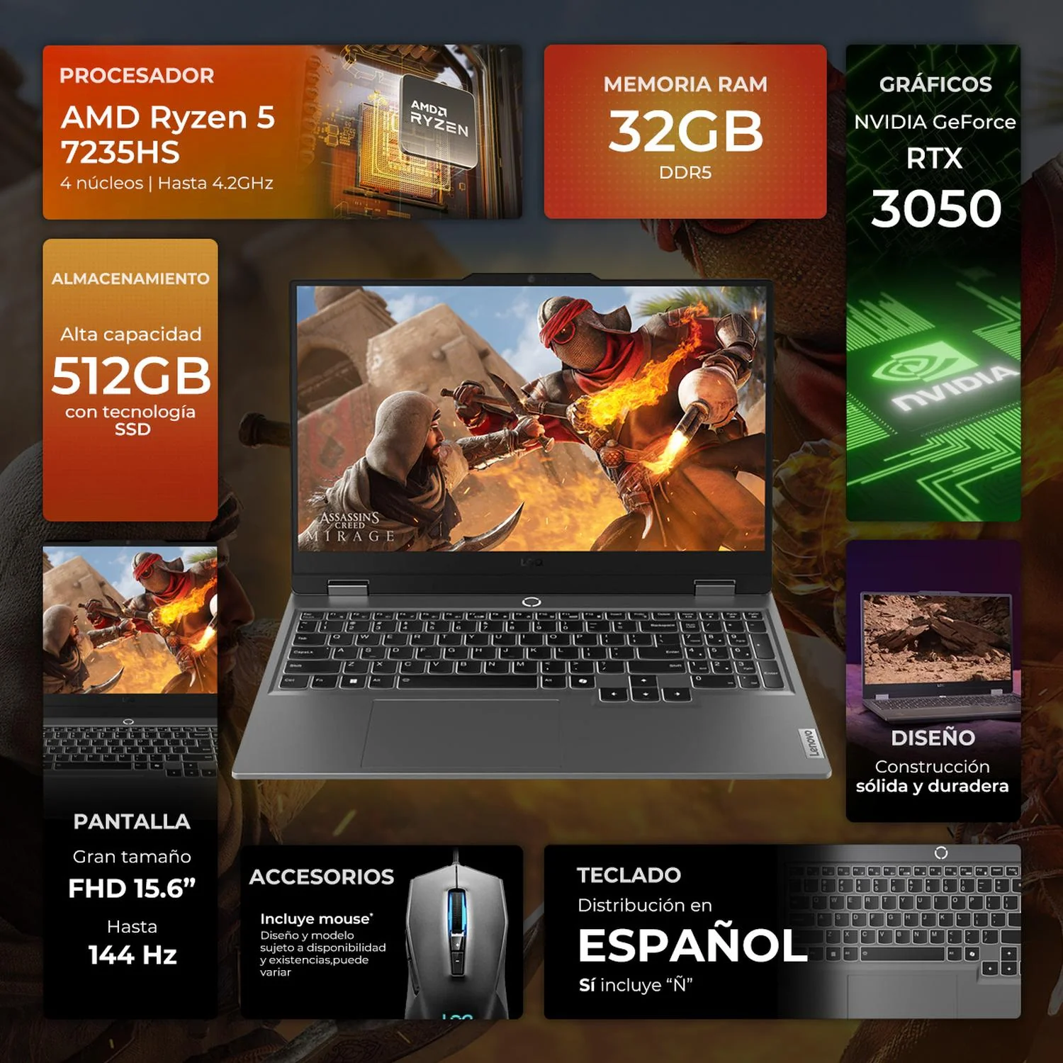 Laptop Gamer LENOVO LOQ 15ARP9 Nvidia GeForce RTX 3050 6GB AMD Ryzen 5 7235HS 32GB DDR5 512GB SSD Pantalla 15.6" IPS FHD 144Hz Teclado Español + Mouse W11H Garantía y Servicio en México - Image 2