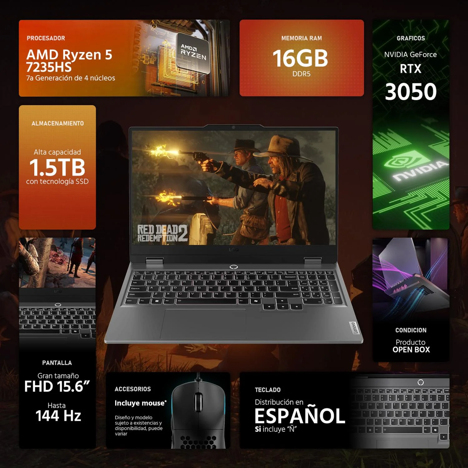 Laptop Gamer LENOVO LOQ NVIDIA GeForce RTX 3050 AMD Ryzen 5 7235HS 16GB RAM 1.5TB SSD 15.6" Windows 11 Home Teclado en Español + Mouse DXT Gaming Open Box - Image 2