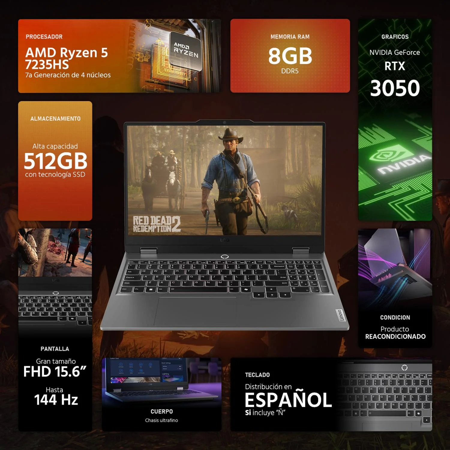 Laptop Gamer LENOVO LOQ NVIDIA GeForce RTX 3050 AMD Ryzen 5 7235HS 8GB RAM 512GB SSD 15.6" Windows 11 Home Teclado en Español Reacondicionado - Image 2
