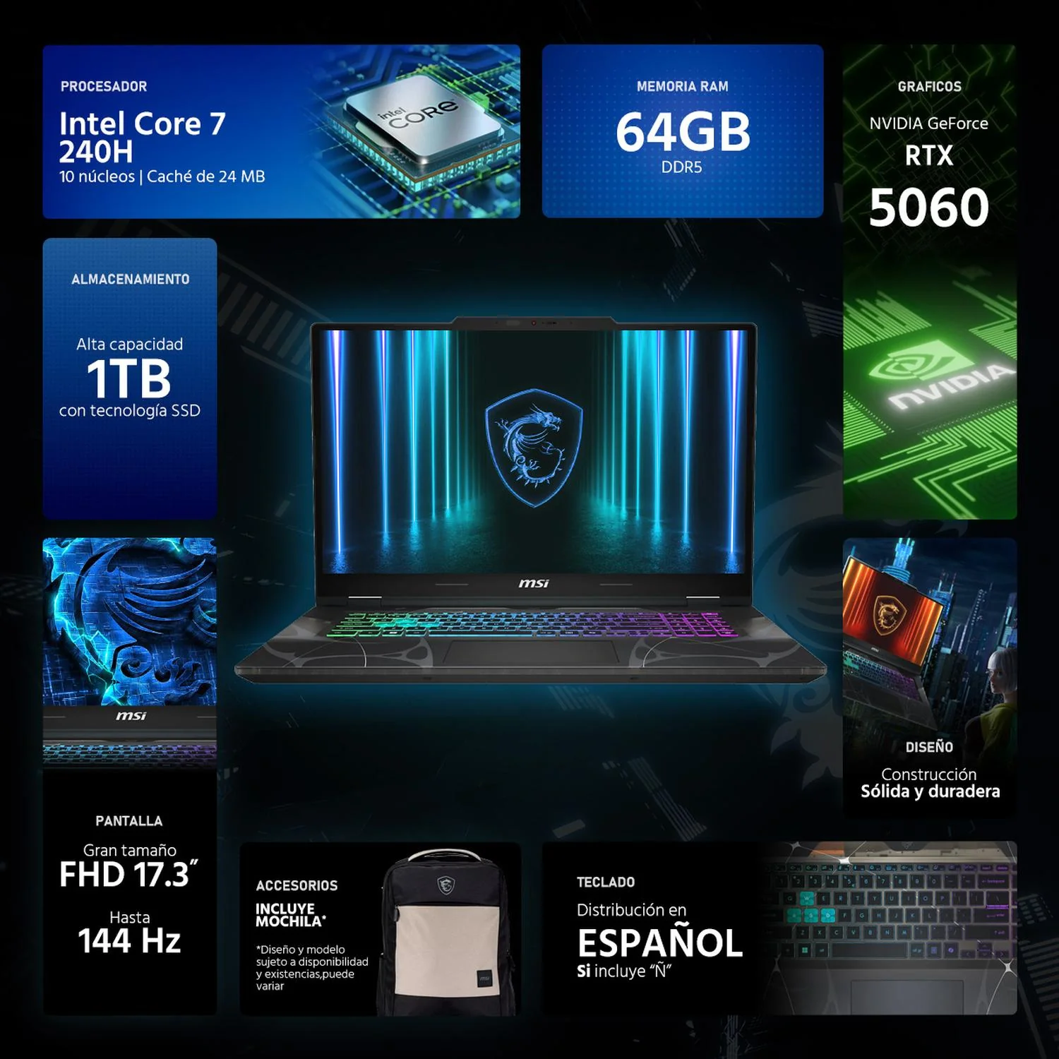 Laptop Gamer MSI Cyborg 17 NVIDIA GeForce RTX 5060 Intel Core i7 240H 64GB DDR5 SSD 1TB 17.3" FHD 144Hz Teclado Español Mochila Multitarea Fluida y Gaming Avanzado - Image 2