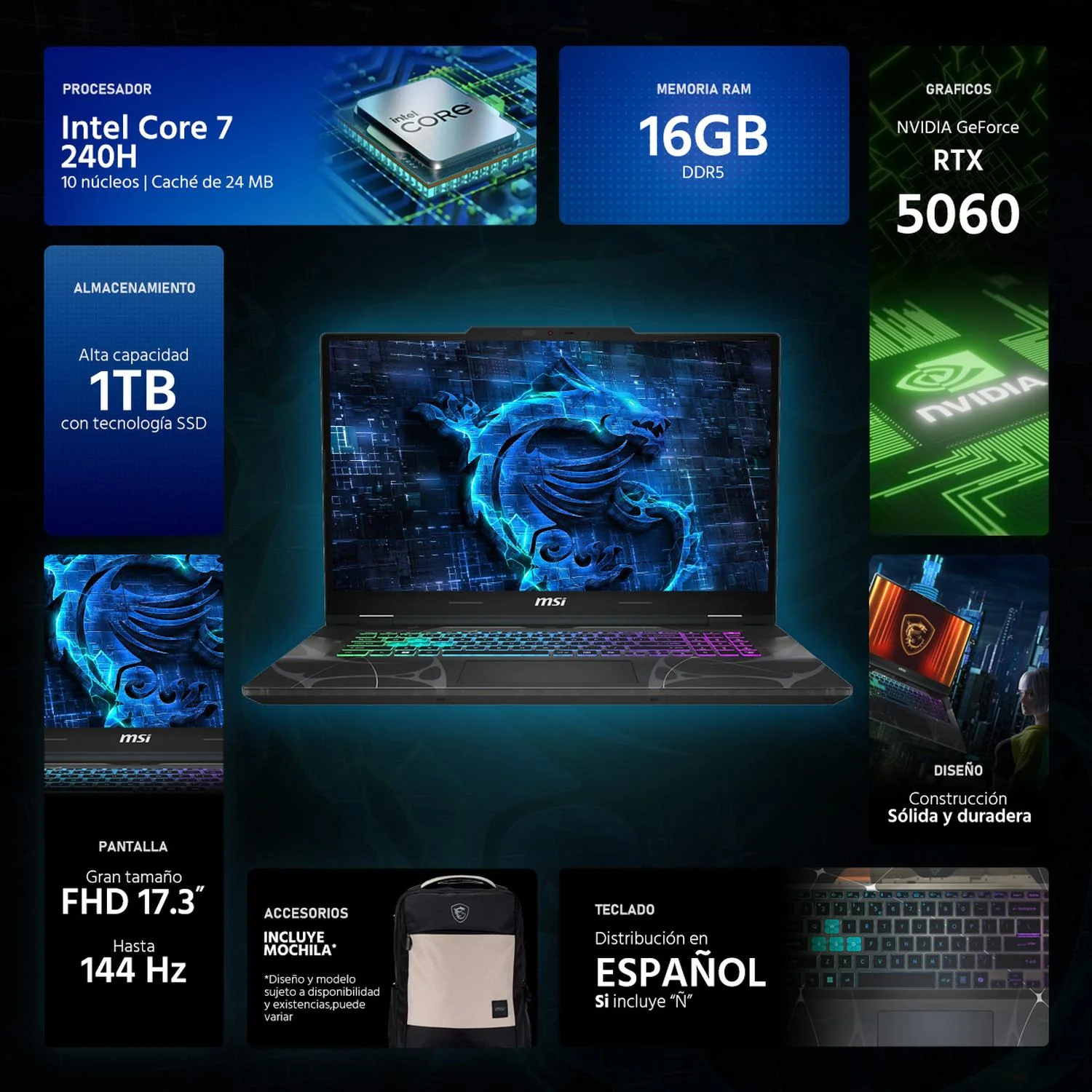 Laptop Gamer MSI Cyborg 17 NVIDIA GeForce RTX 5060 Intel Core i7 240H 16GB DDR5 SSD 1TB 17.3" FHD 144Hz Teclado Español Mochila Trabajo Multimedia y Gaming Avanzado - Image 2