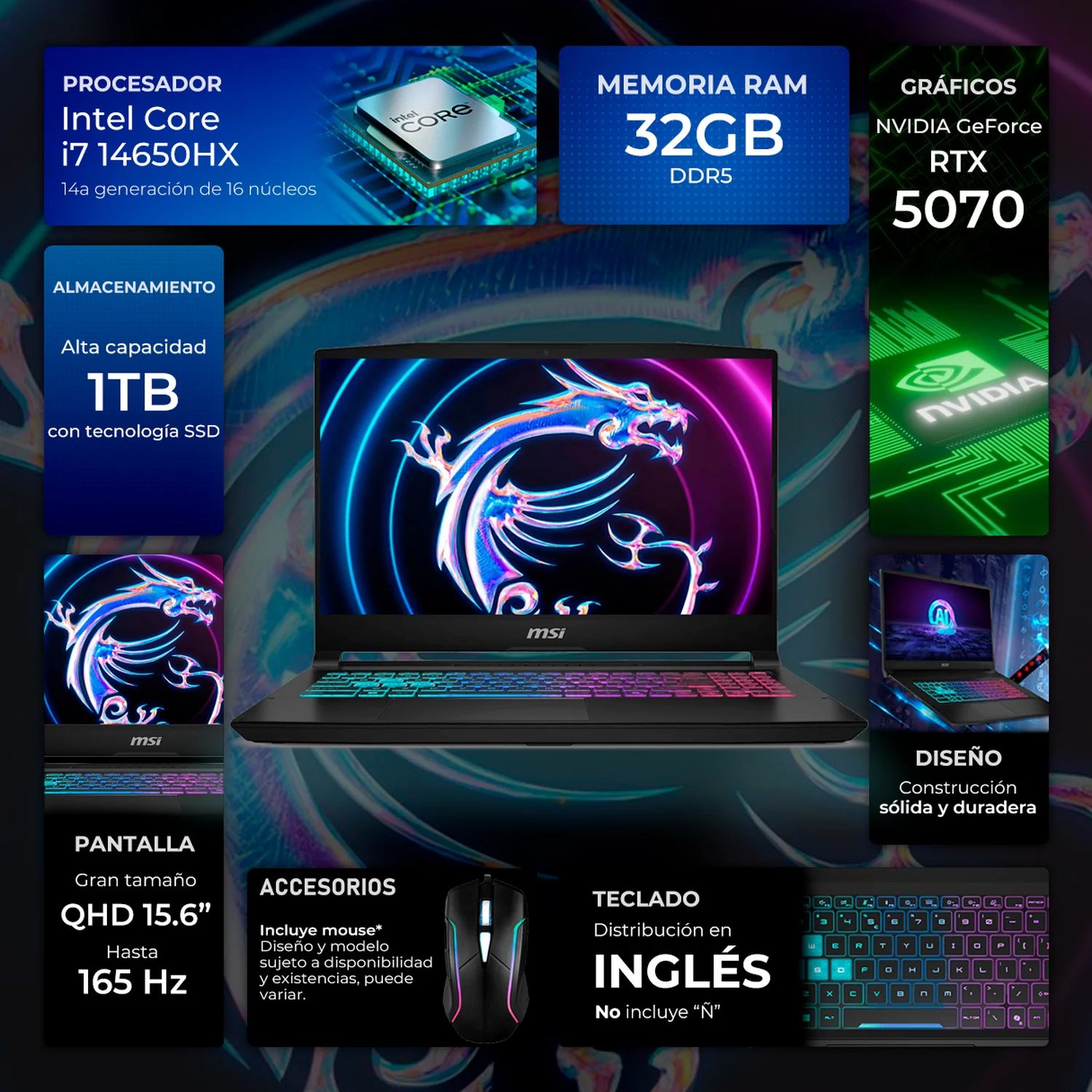 Laptop Gamer MSI Katana 15HX293 NVIDIA GeForce RTX 5070 8GB Intel Core i7 14650HX 32GB DDR5 1TB SSD Pantalla 15.6" QHD 165Hz Teclado Ingles Mouse DXT Gaming Programacion Diseño y Gaming Competitivo - Image 2