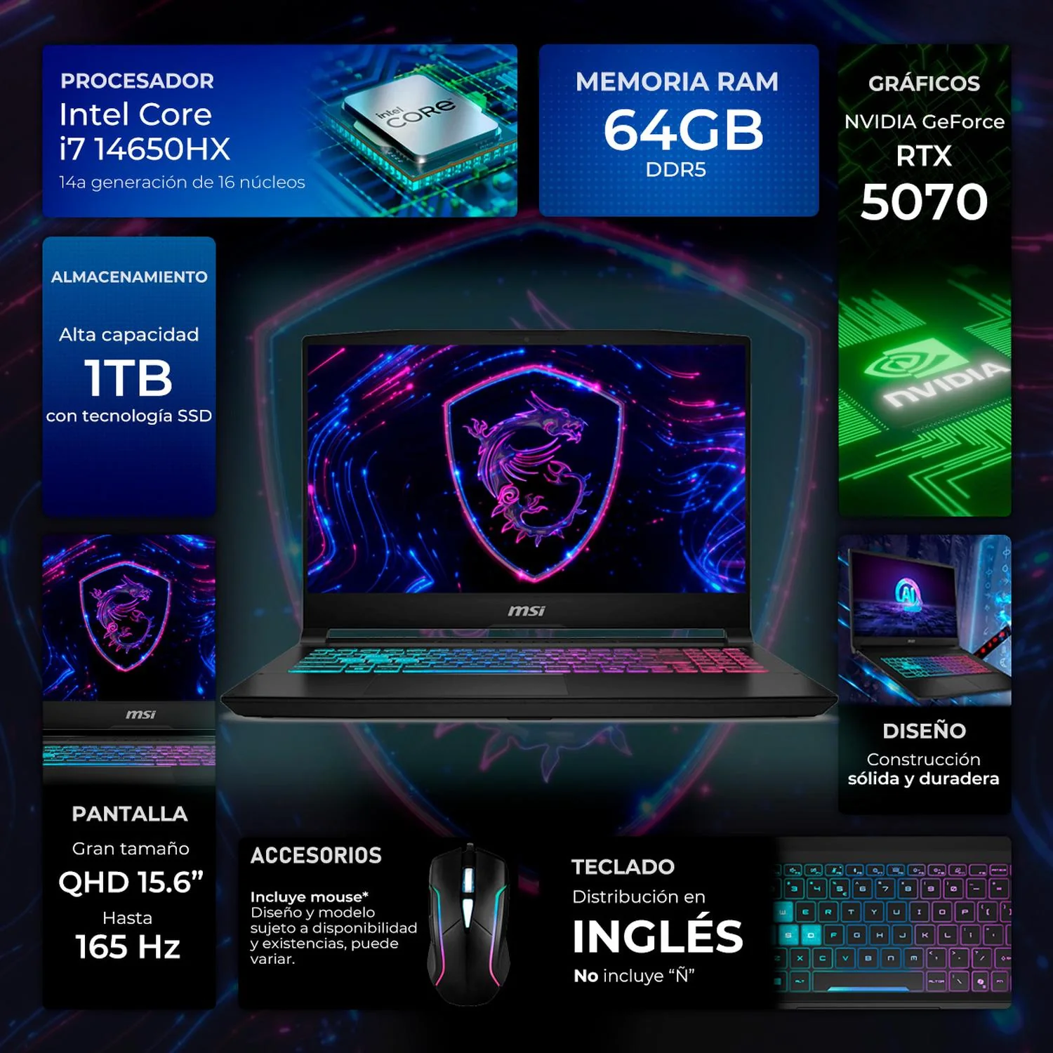 Laptop Gamer MSI Katana 15HX293 NVIDIA GeForce RTX 5070 8GB Intel Core i7 14650HX 64GB DDR5 SSD 1TB Pantalla 15.6" QHD 165Hz Teclado Ingles Mouse DXT Gaming Programacion Diseño y Gaming Competitivo - Image 2