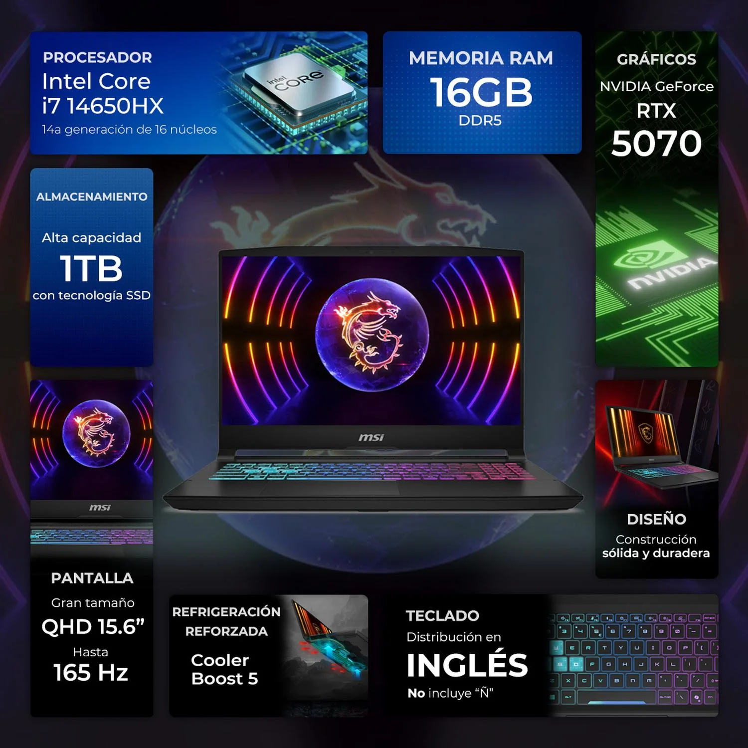 Laptop Gamer MSI Katana NVIDIA GeForce RTX 5070 Intel Core i7 14650HX 16GB DDR5 SSD 1TB 15.6" QHD 165Hz Teclado Ingles Gaming Fluido y Edicion Multimedia - Image 2
