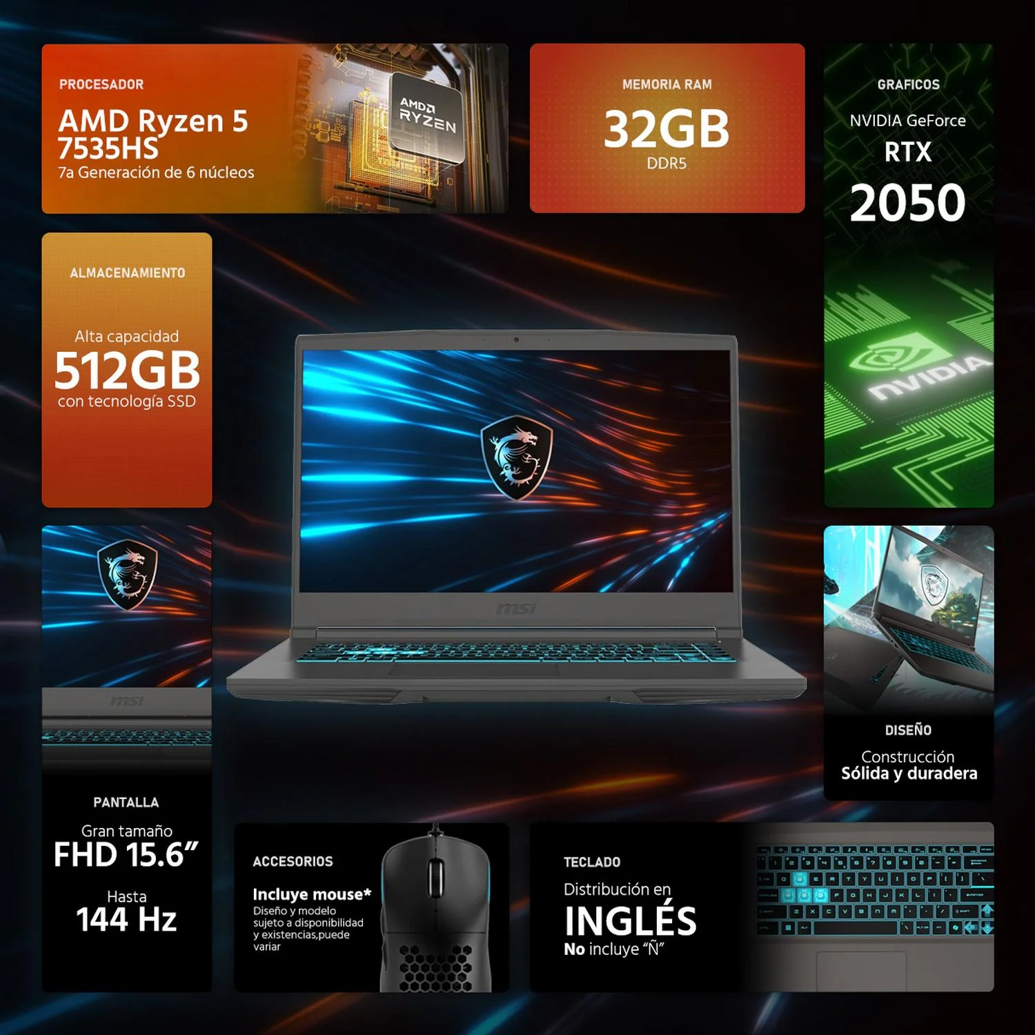 Laptop Gamer MSI Thin 15 NVIDIA GeForce RTX 2050 AMD Ryzen 5 7535HS 32GB RAM 512GB SSD Teclado en Ingles Windows 11 Home + Mouse DXT Gaming - Image 2