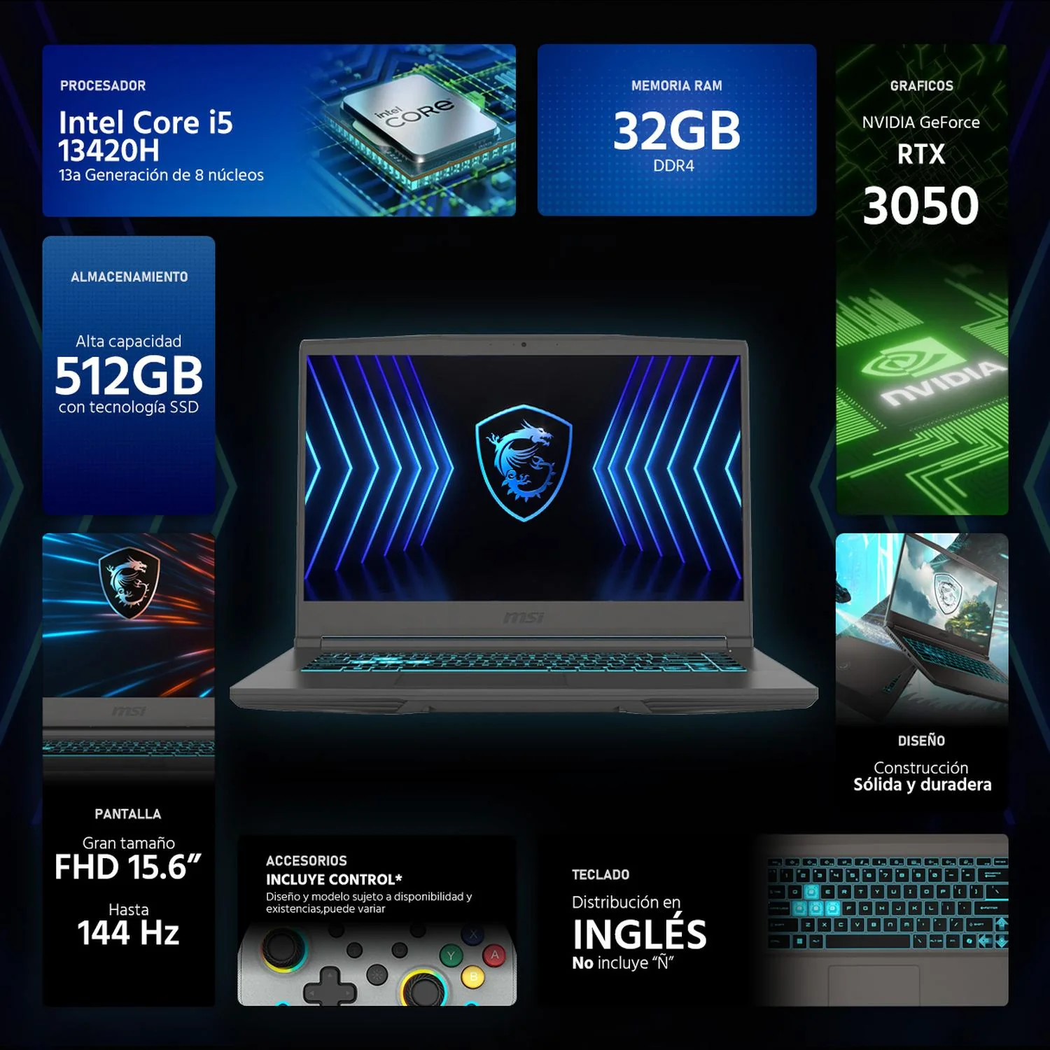 Laptop Gamer MSI Thin 15 NVIDIA GeForce RTX 3050 Intel Core i5 13420H 32GB RAM 512GB SSD 15.6" Windows 11 Home Teclado en Ingles + Control DXT - Image 2